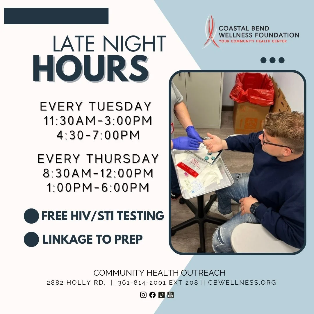 Walk-ins welcome or schedule an appointment for late night testing!

FREE HIV/STI testing with our Community Health Outreach team
Tuesdays: 11:30 AM - 3:30 PM &amp; 4:30 PM - 7:00 PM
Thursdays: 8:30 AM - 12:00 PM &amp; 1:00 PM - 6:00 PM

For more inf