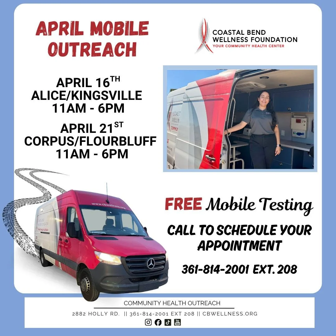 🚐 Mobile Testing Available! 🚐

Our mobile unit features two private testing rooms and offers both rapid HIV and STI testing. Health on the go for all! 

📅 Call us to schedule!
📞 Community Health Outreach: (361)-814-2001 ext. 208

#CoastalBendWell