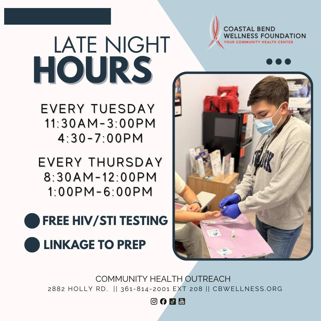 Walk-ins welcome or schedule an appointment for late night testing!
FREE HIV/STI testing with our Community Health Outreach team
Tuesdays: 11:30 AM - 3:30 PM &amp; 4:30 PM - 7:00 PM
Thursdays: 8:30 AM - 12:00 PM &amp; 1:00 PM - 6:00 PM

For more info