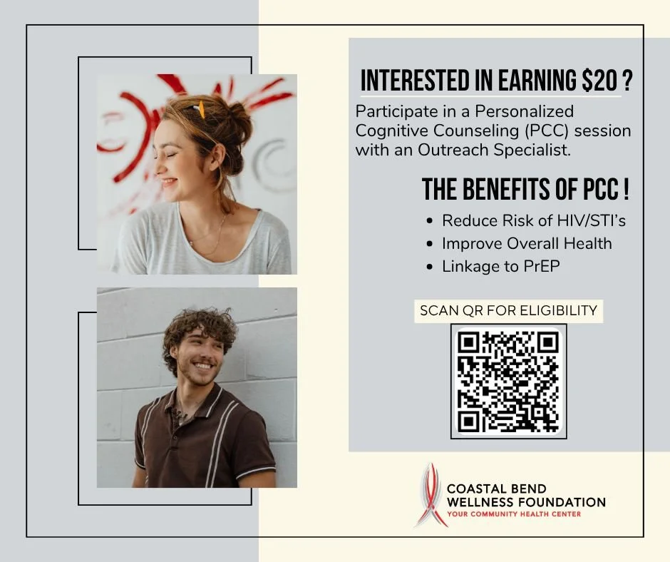 Got a few minutes? 
Sit down with one of our Outreach Specialists for a Personalized Cognitive Counseling (PCC) session and earn $20 💰

📲 Scan to see if you qualify
📞 Call us at (361) 814-2001 x 208

#CoastalBendWellnessFoundation #YourCommunityHe
