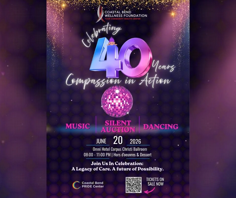 Celebrate 40 Years with Your Community Health Center 🎉

Join the Coastal Bend Wellness Foundation as we celebrate 40 years of compassion in action and continued commitment to improving the health and well-being of our community. ❤️

📅 Saturday, Jun