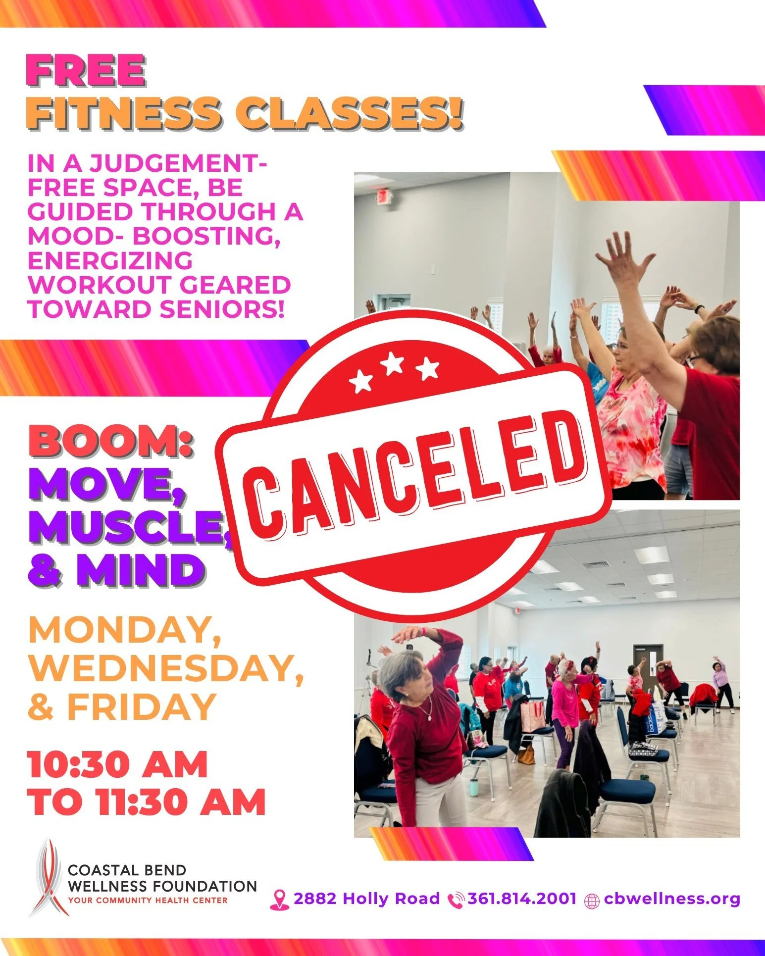 Our BOOM wellness exercise classes have been canceled today and Friday, May 29th, and will resume on Monday, June 1st at 10:30 AM! 

Have you heard about BOOM? Join our fun &amp; FREE group exercise classes designed to uplift your body &amp; mind. No