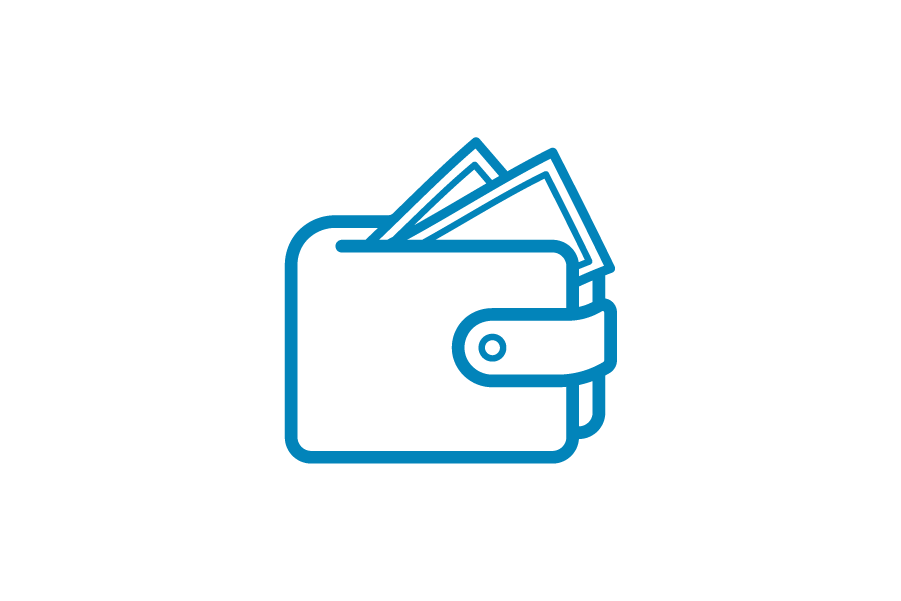 Blue icon of a wallet with money inside.