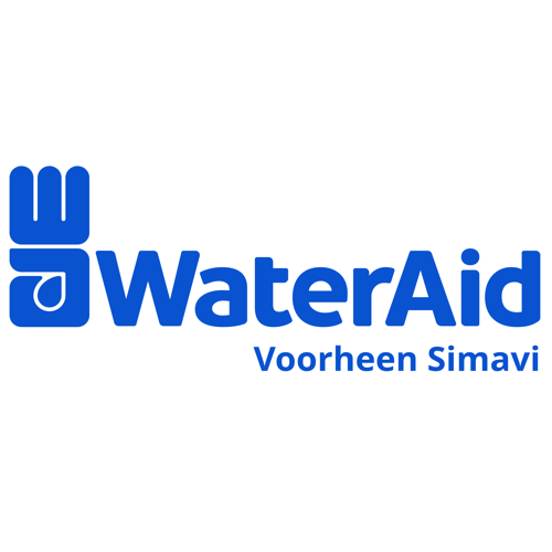 WaterAid logo featuring a stylized blue hand with a water droplet, and the text "WaterAid" underneath, with smaller text "Voorheen Simavi".