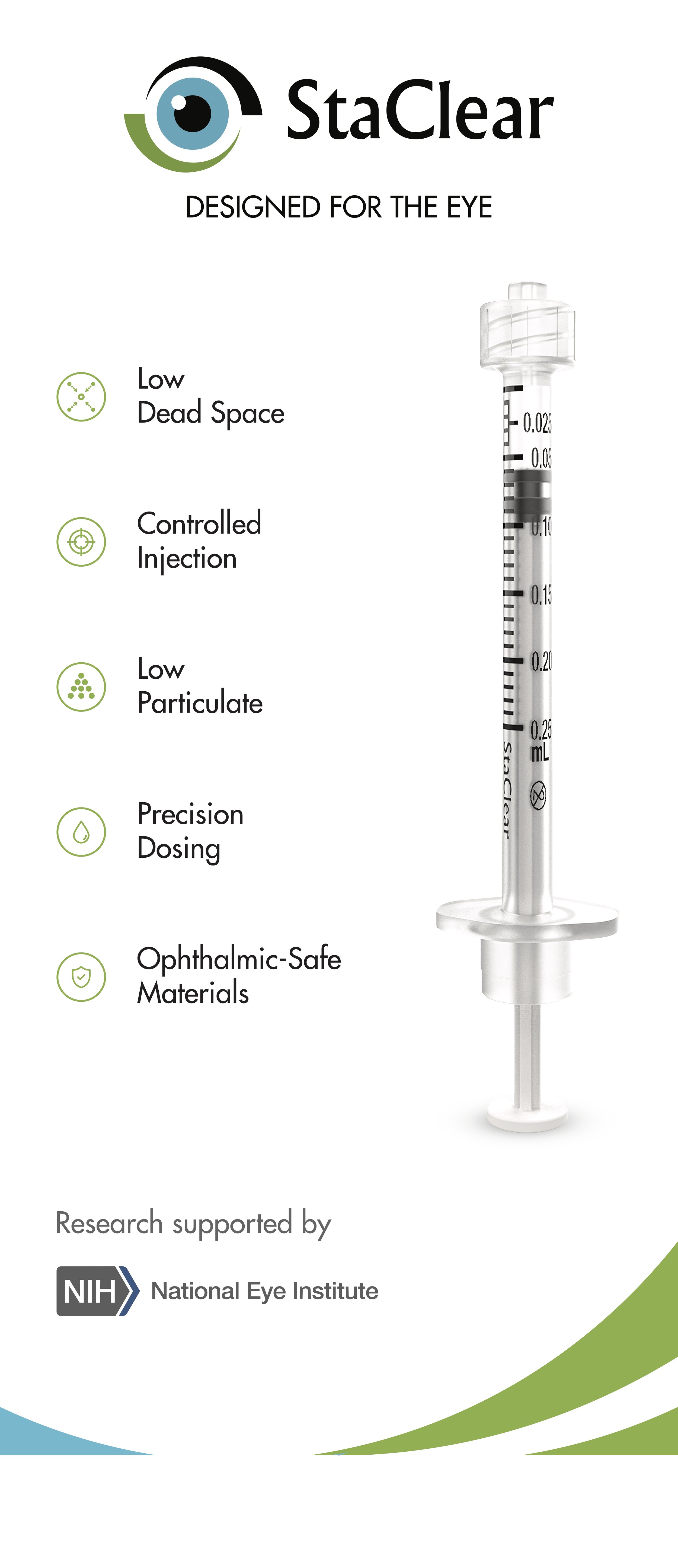 StaClear Syringes Designed for the eye low dead space, controlled injection, low particulate, precise dosing, opthalmic safe materials