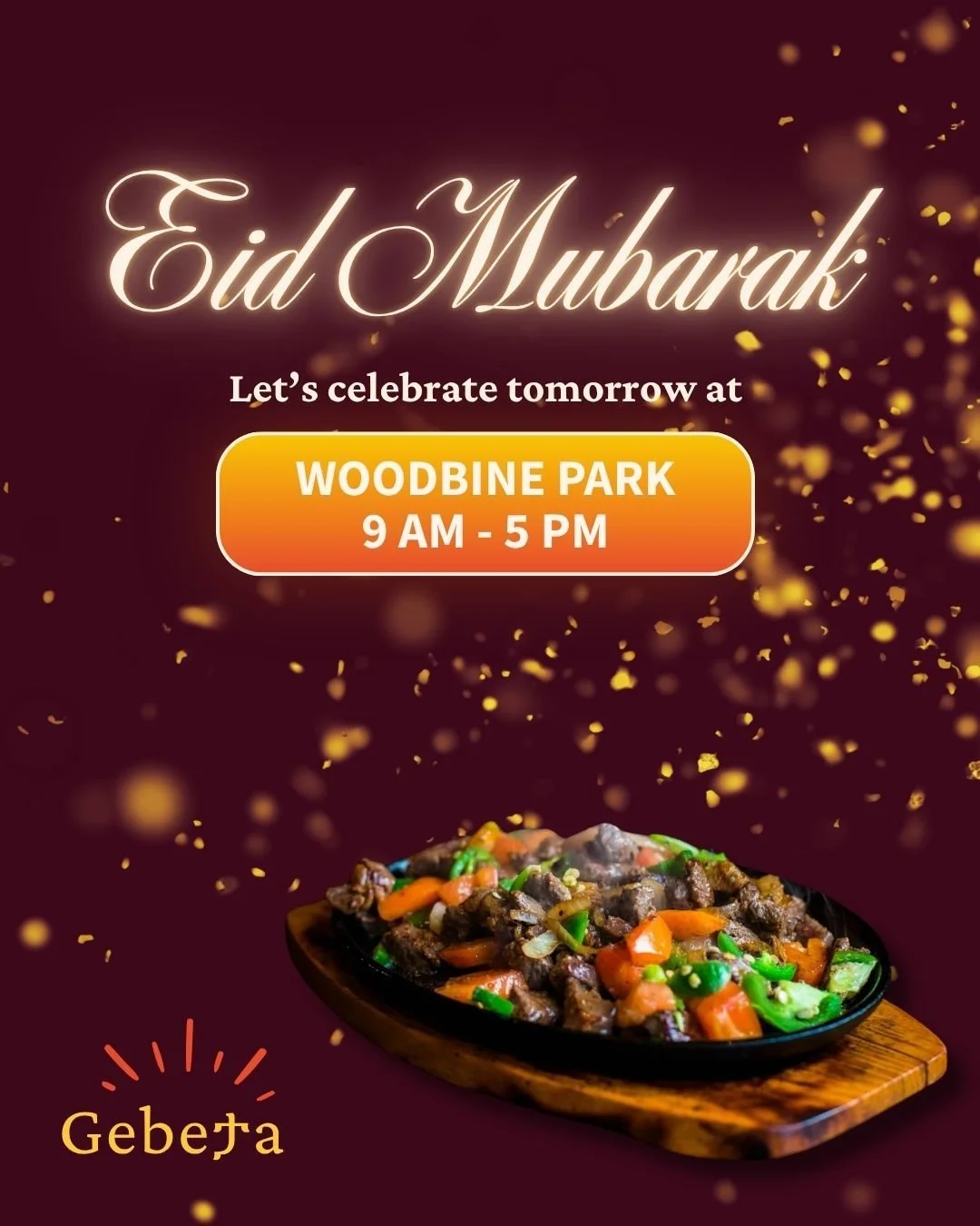 We will be at Woodbine Park tomorrow to celebrate Eid with our Muslim friends! Join us for Beef BBQ, Cabbage &amp; Carrot Stir-Fry, Injera, Samosas and more... 
@GebetaToronto #EidToronto