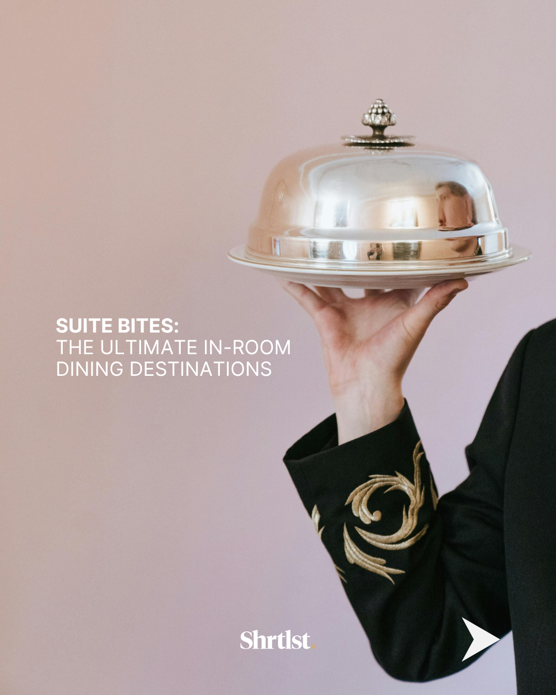 Person holding a silver serving cloche with a pink background and text promoting in-room dining destinations.