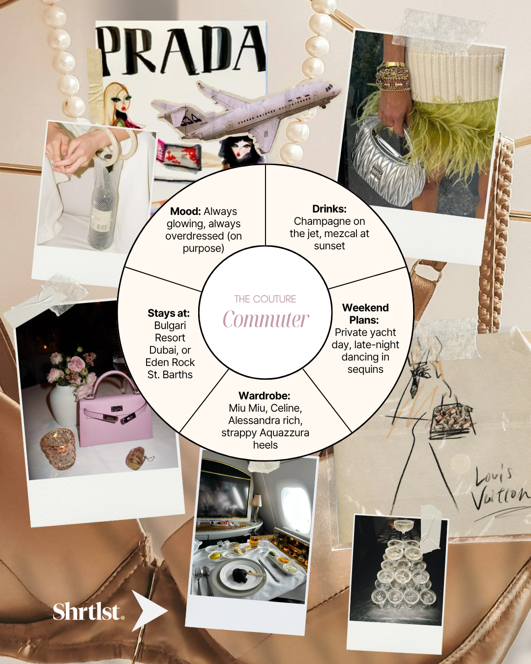 A collage titled "The Couture Commuter" featuring fashion, travel, and lifestyle items. It includes a flight attendant uniform, designer accessories, photos of a private jet, luxurious meals, a yacht, a fancy wardrobe, and trailing jewelry, with hand
