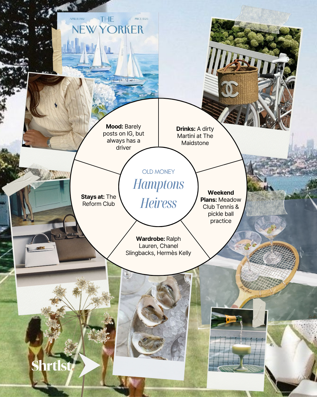 A mood board titled 'Old Money Hamptons Heiress' featuring various images and notes. Includes a painting of sailboats, a woman in a cream sweater, a bicycle with a Chanel bag, handbags, oysters on ice, a tennis court, bridesmaids, cocktails, and suns