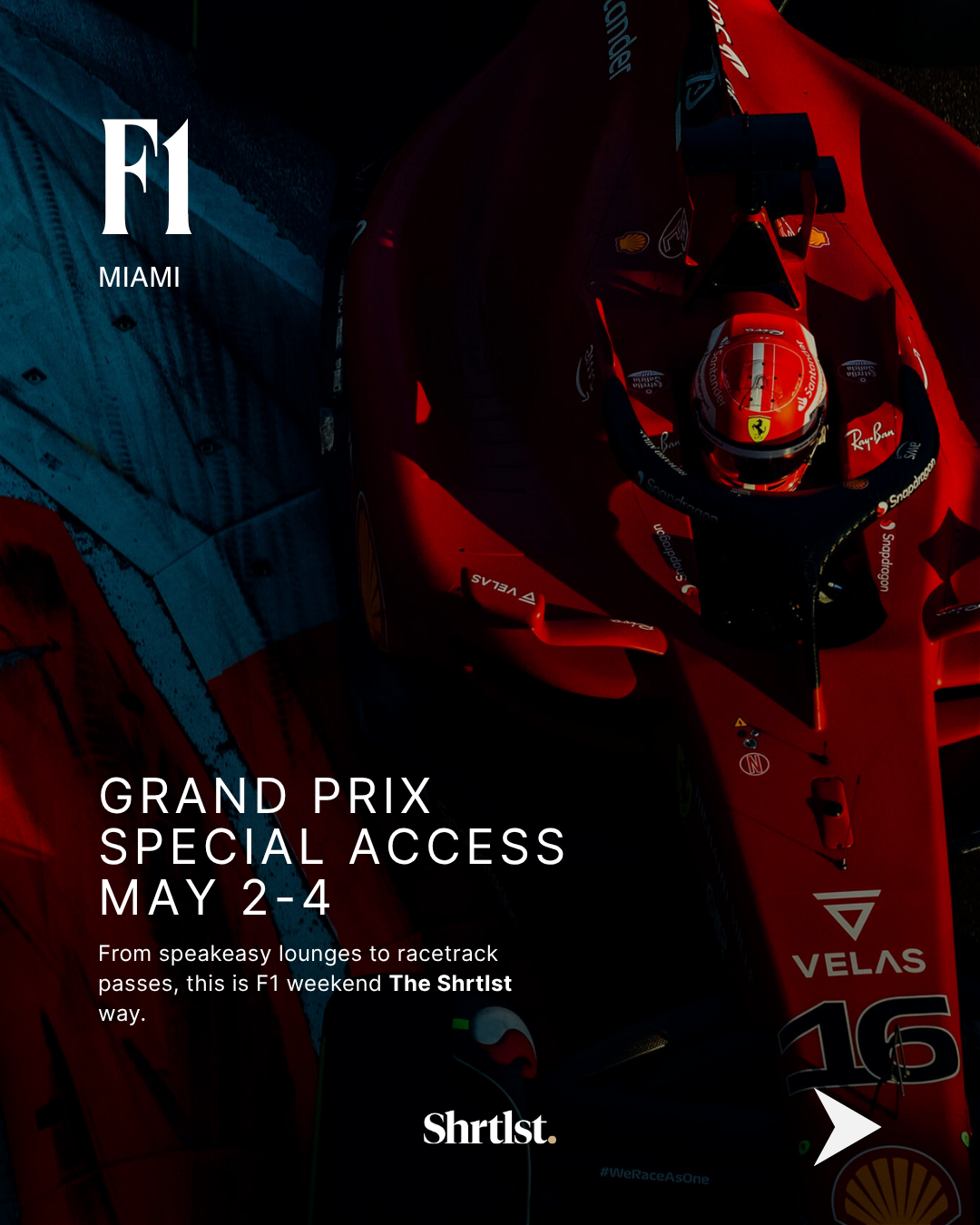 Promotional image for the Miami F1 Grand Prix, featuring a close-up of a red racing car with a driver inside, and overlay text about exclusive access from May 2 to May 4.