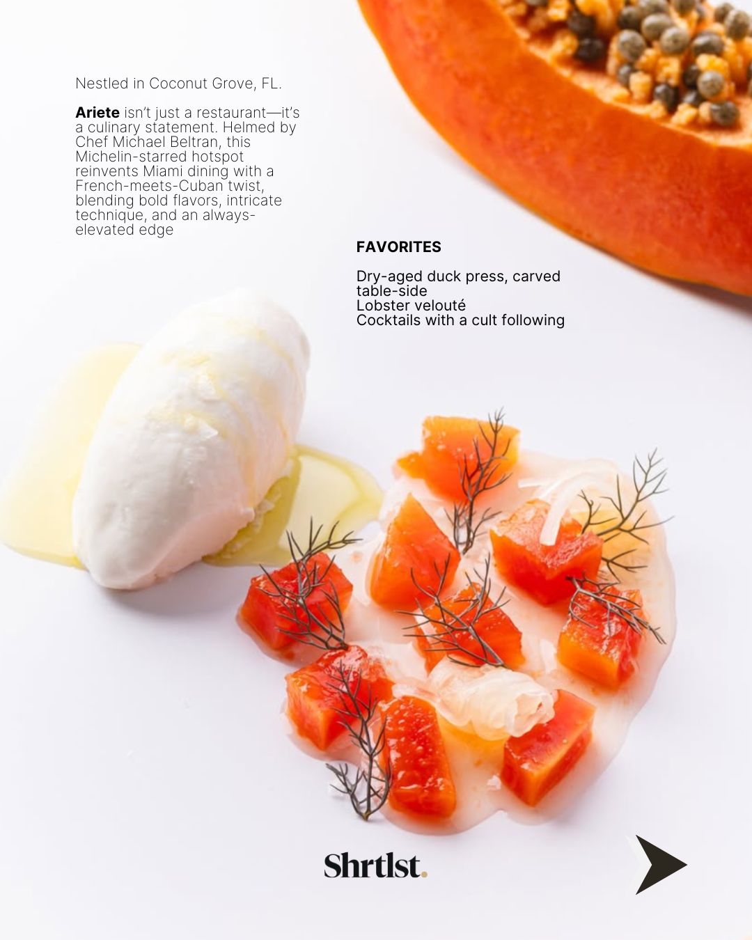 A restaurant menu page with a partial image of a papaya, poached egg, and a smoked salmon dish garnished with dill. The text describes the restaurant’s culinary style and favorite dishes, including duck press, lobster velouté, and cocktails.