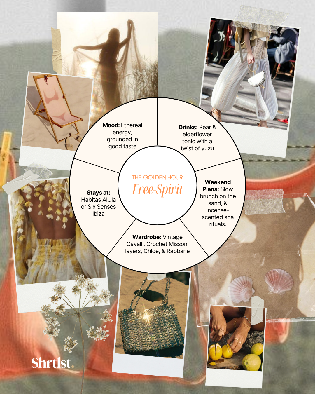 Collage featuring a person dancing at sunset, a woman walking on the street with a handbag, a beach chair, a floral outfit, a vintage handbag, and a person preparing lemons. The central text reads "The Golden Hour Free-Spirit" with details about mood