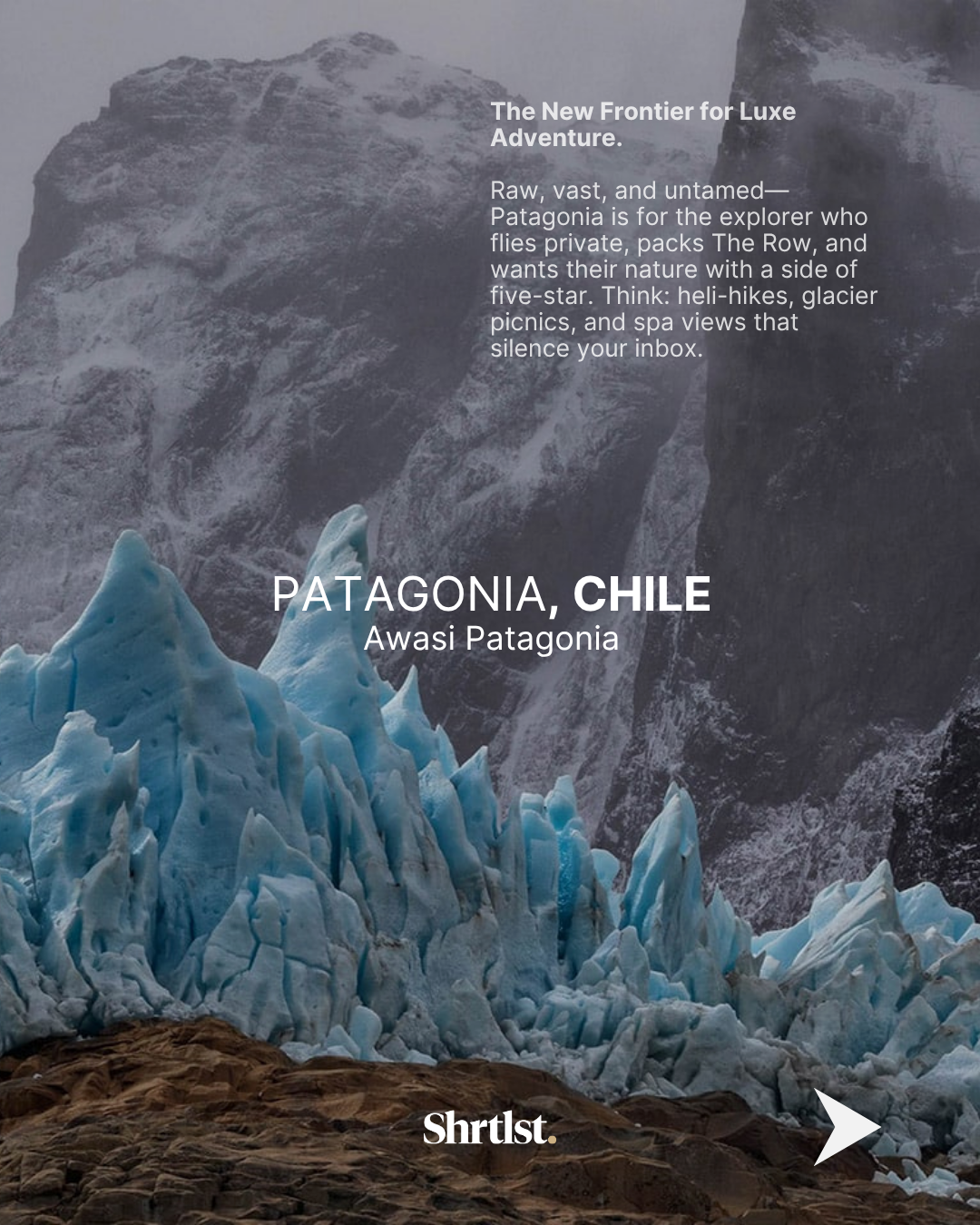 A photo of glaciers and rocky terrain in Patagonia, Chile, with text overlay promoting Patagonia adventure experiences.