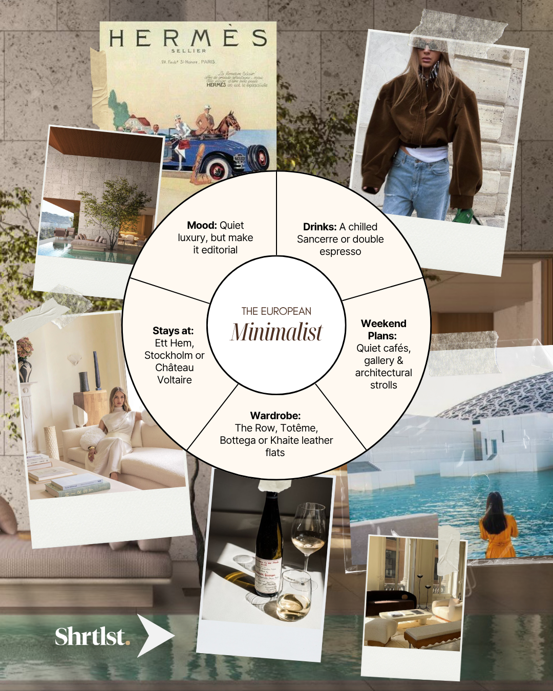 Collage of images representing European minimalist lifestyle including an advertisement for Hermès, photos of modern interior spaces, an outdoor pool scene, a person by the water, and a wine bottle with glasses, all surrounding a circular infographic