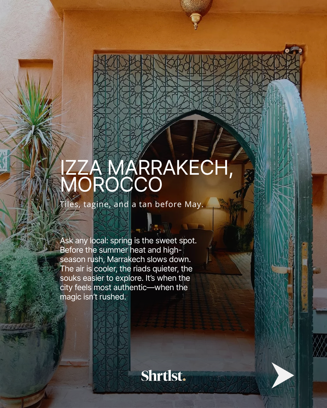 Open Moroccan tile door revealing cozy interior with a lamp, cushioned chairs, and plants, leading to a warm, inviting space.