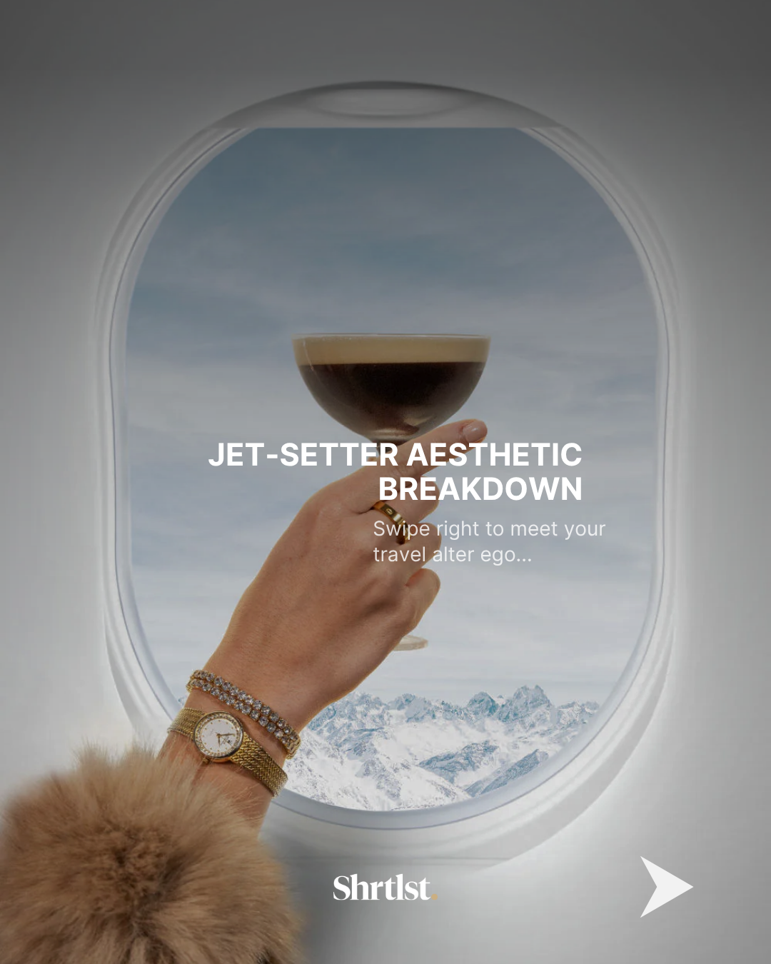 A hand with a gold watch and diamond bracelet holding a glass of black coffee inside an airplane window with mountains in the background. Overlay text reads 'Jet-Setter Aesthetic Breakdown' and 'Swipe right to meet your travel alter ego...' with the