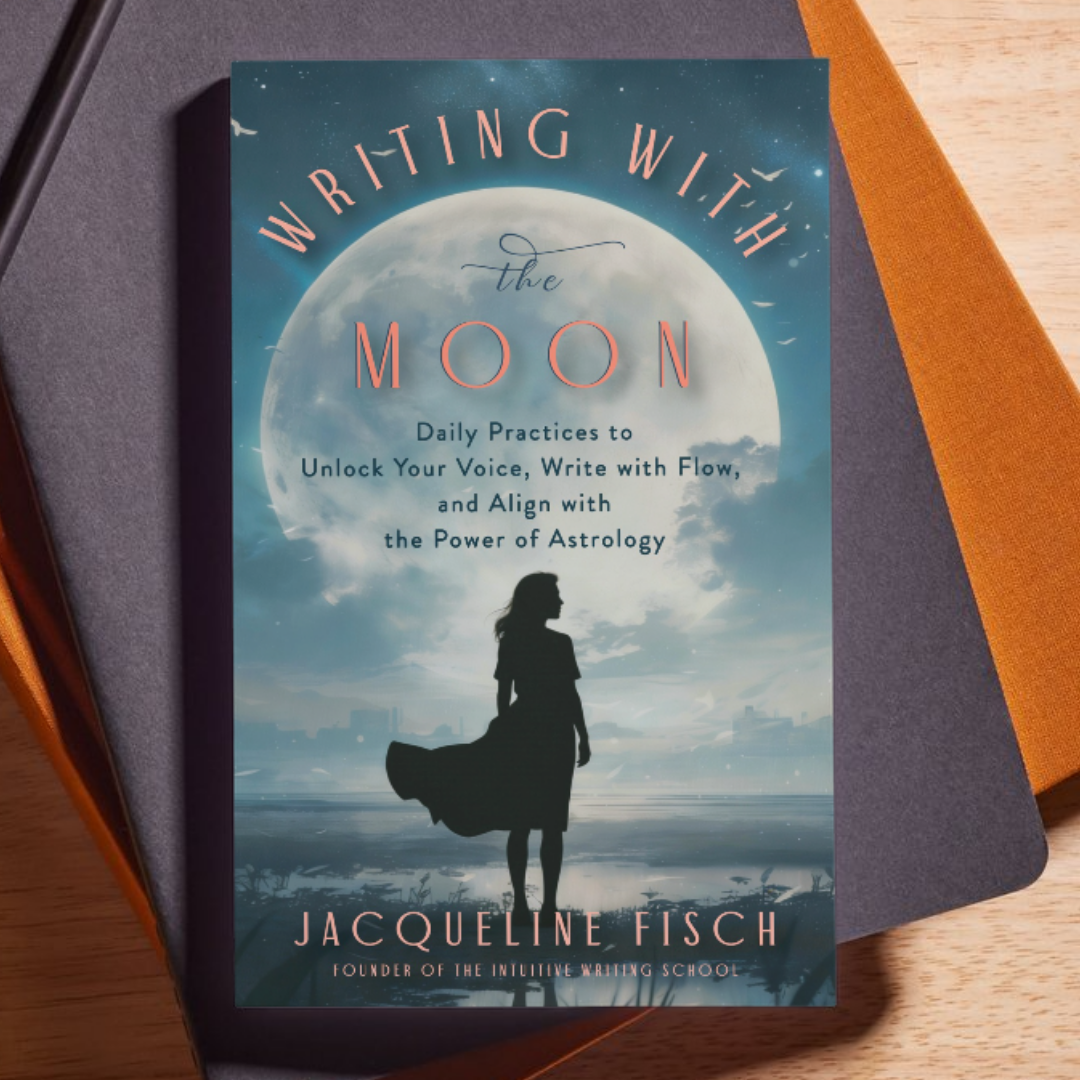 Book titled "Writing with the Moon" by Jacqueline Fisch, featuring a silhouette of a woman standing near water under a large, bright moon in the night sky with stars.
