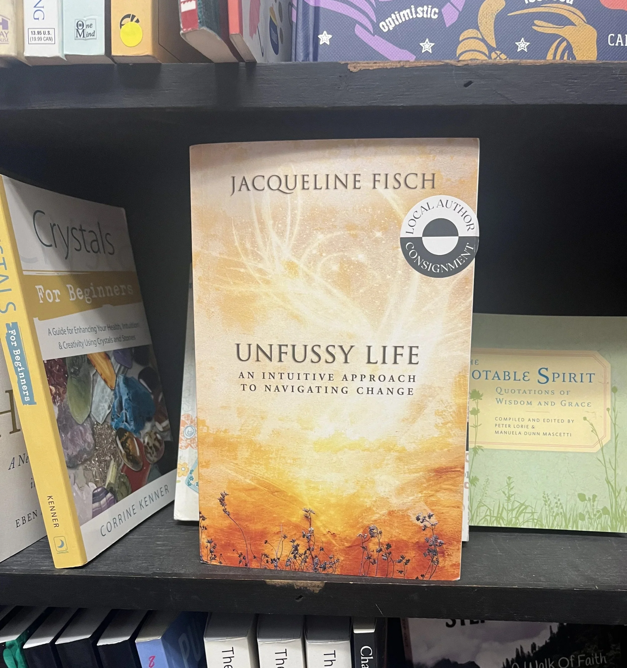 Close-up of a black bookshelf with a book titled 'Unfussy Life' by Jacqueline Fisch, which has a sunset and tree silhouette on the cover, and surrounding books about crystals, abundant life, and spiritual topics.