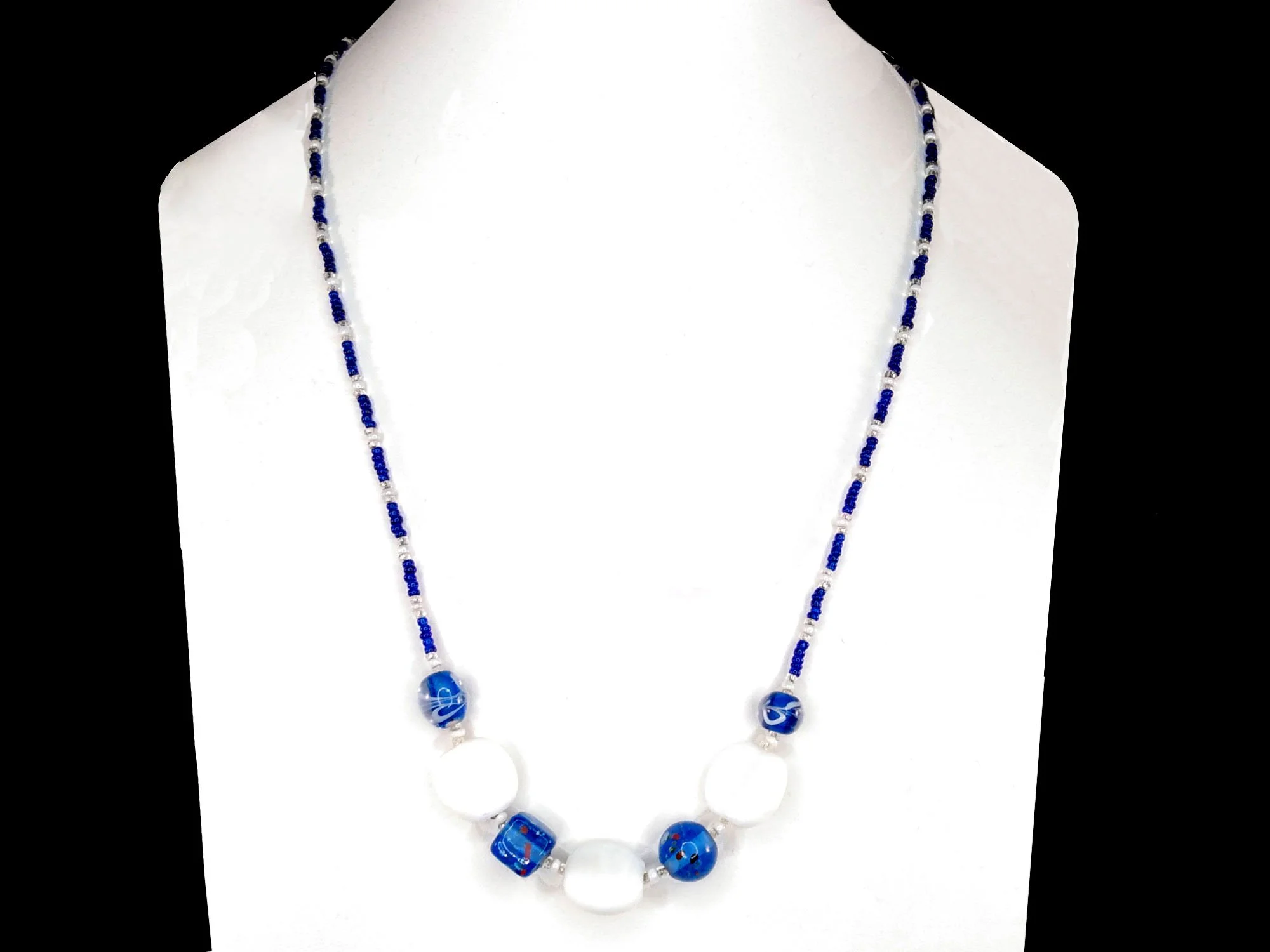 #421 Blue Lampwork and Millefiori Necklace