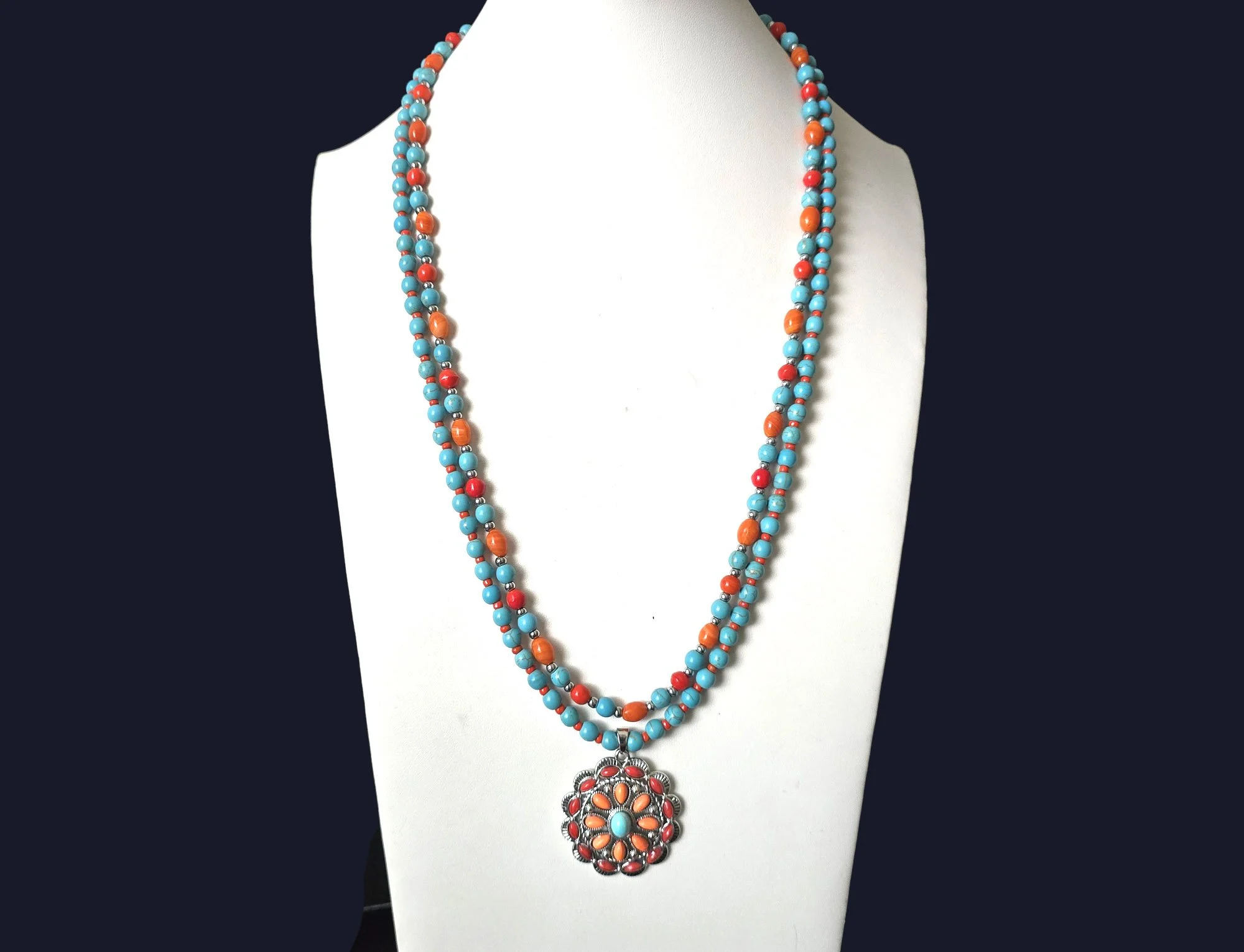 Two-Strand Turquoise and Orange Glass with Pendant