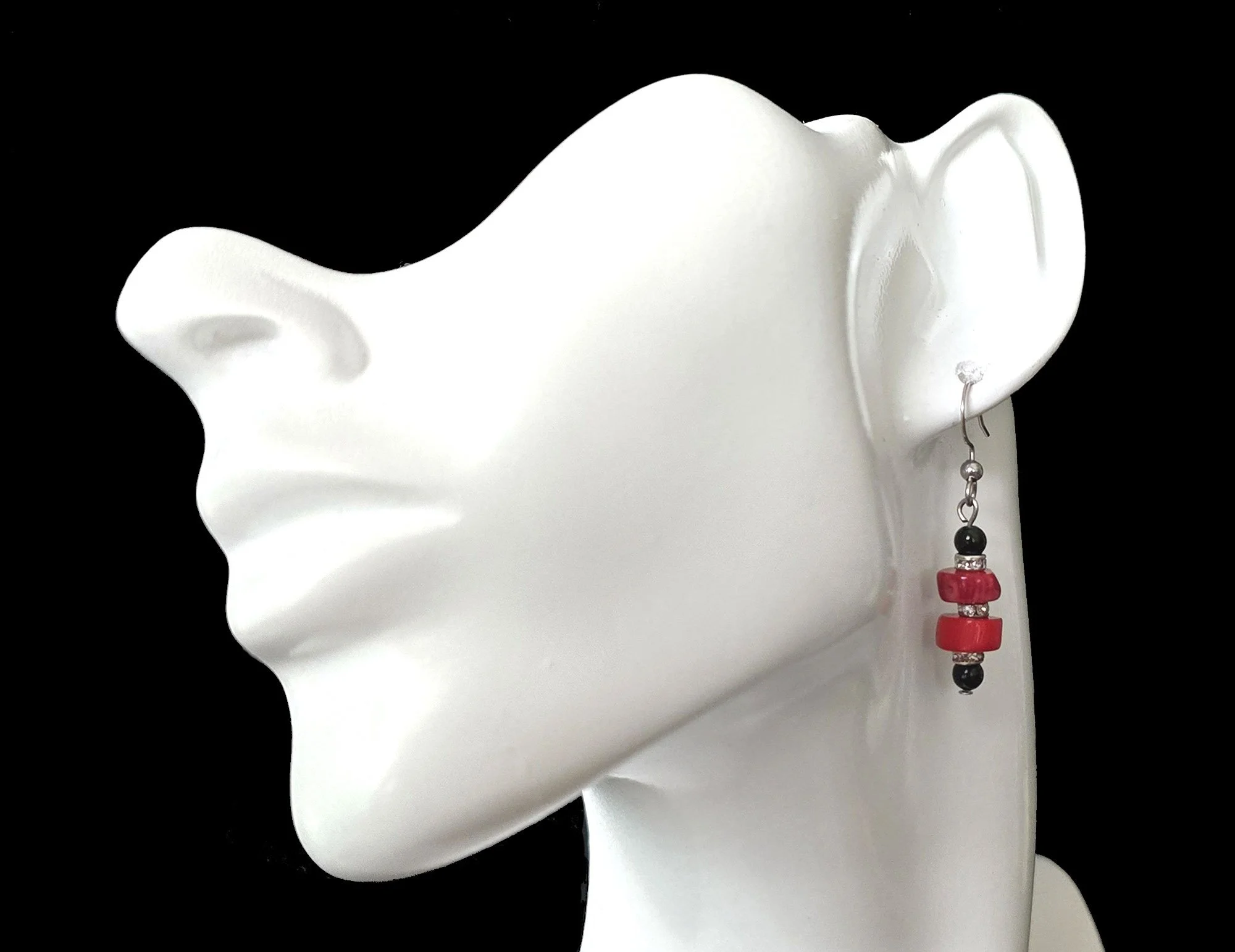 #740 Red Dyed Branch Coral and Onyx Dangles
