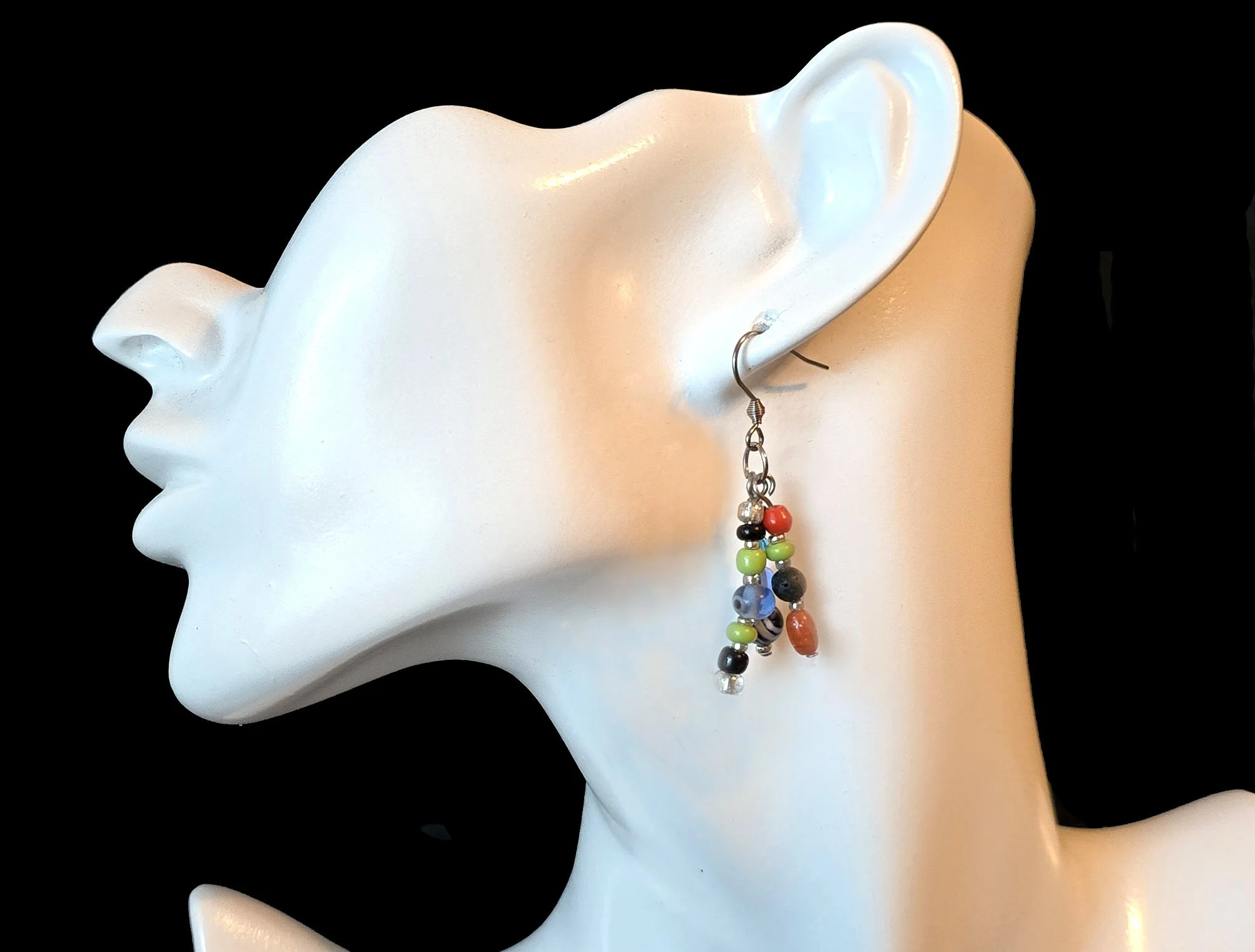 #244 Zebra Stone with Lime, Black, Oranage, Blue and Eyeball Rounds Dangles