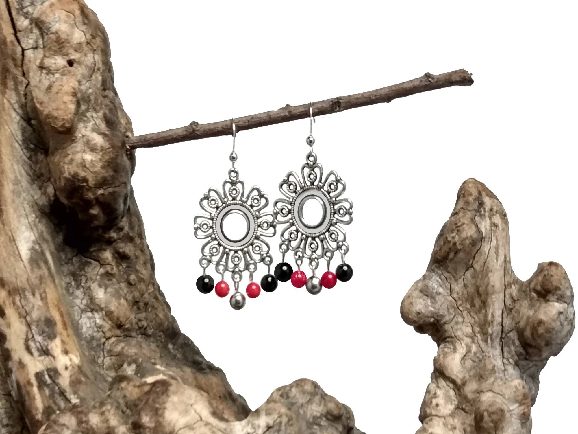 #738 Silver Chandeliers with Red Coral and Black Jade