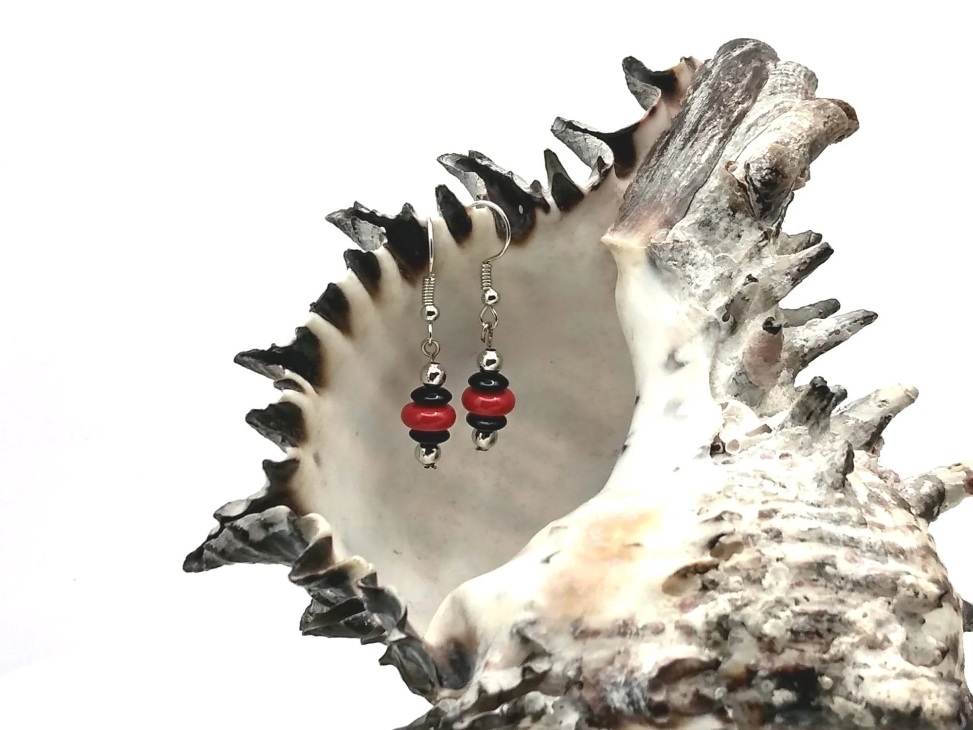 #167 Red Coral and Black Glass Dangles