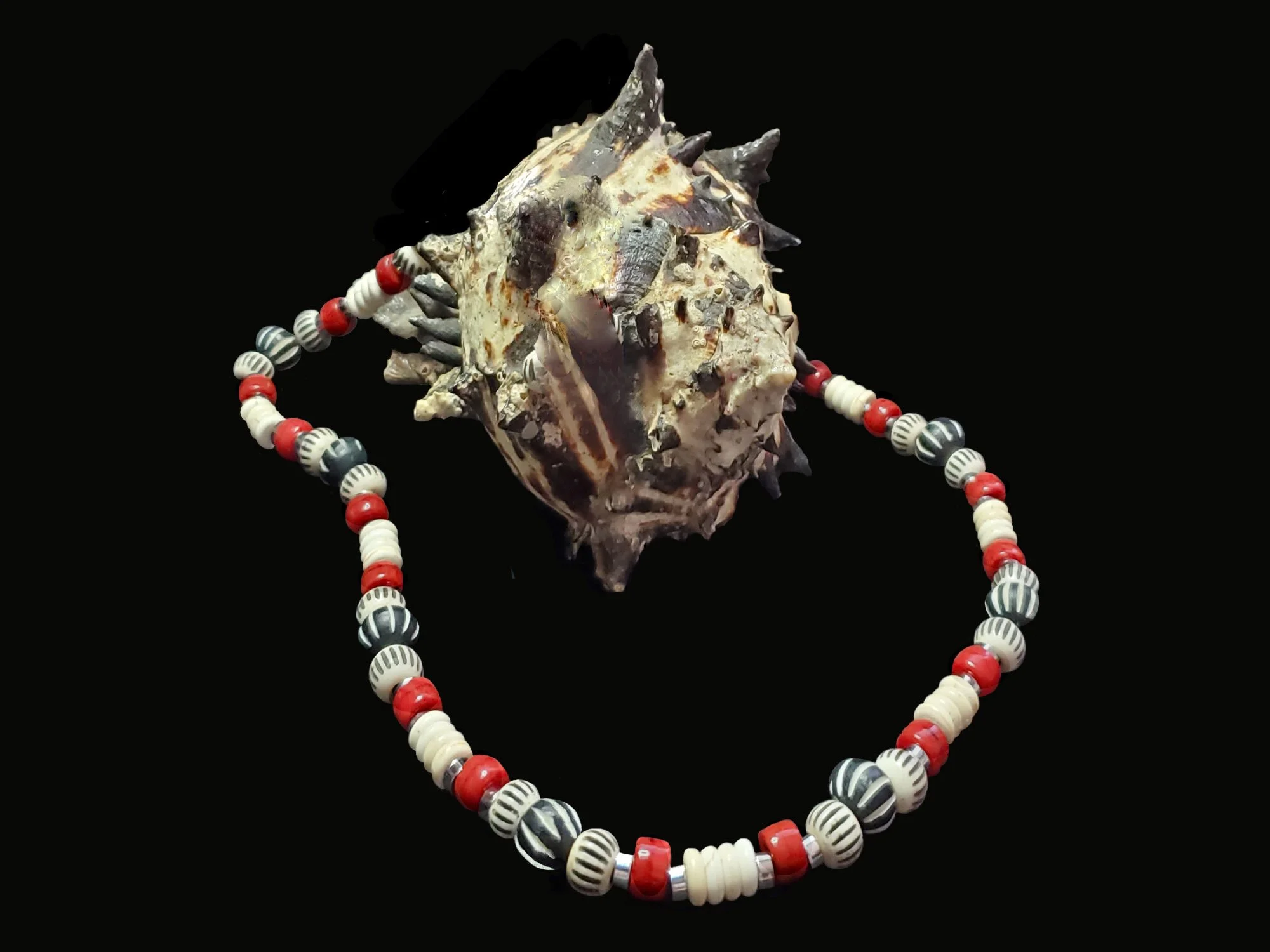 #735 Red, Black and Cream Beads and Bones