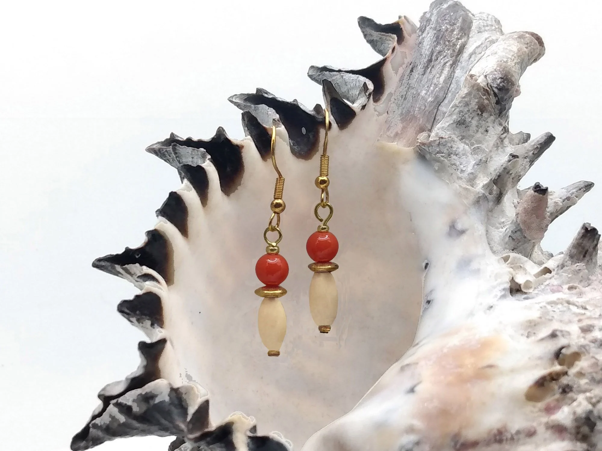 #580 Orange and Wood Druk Dangles