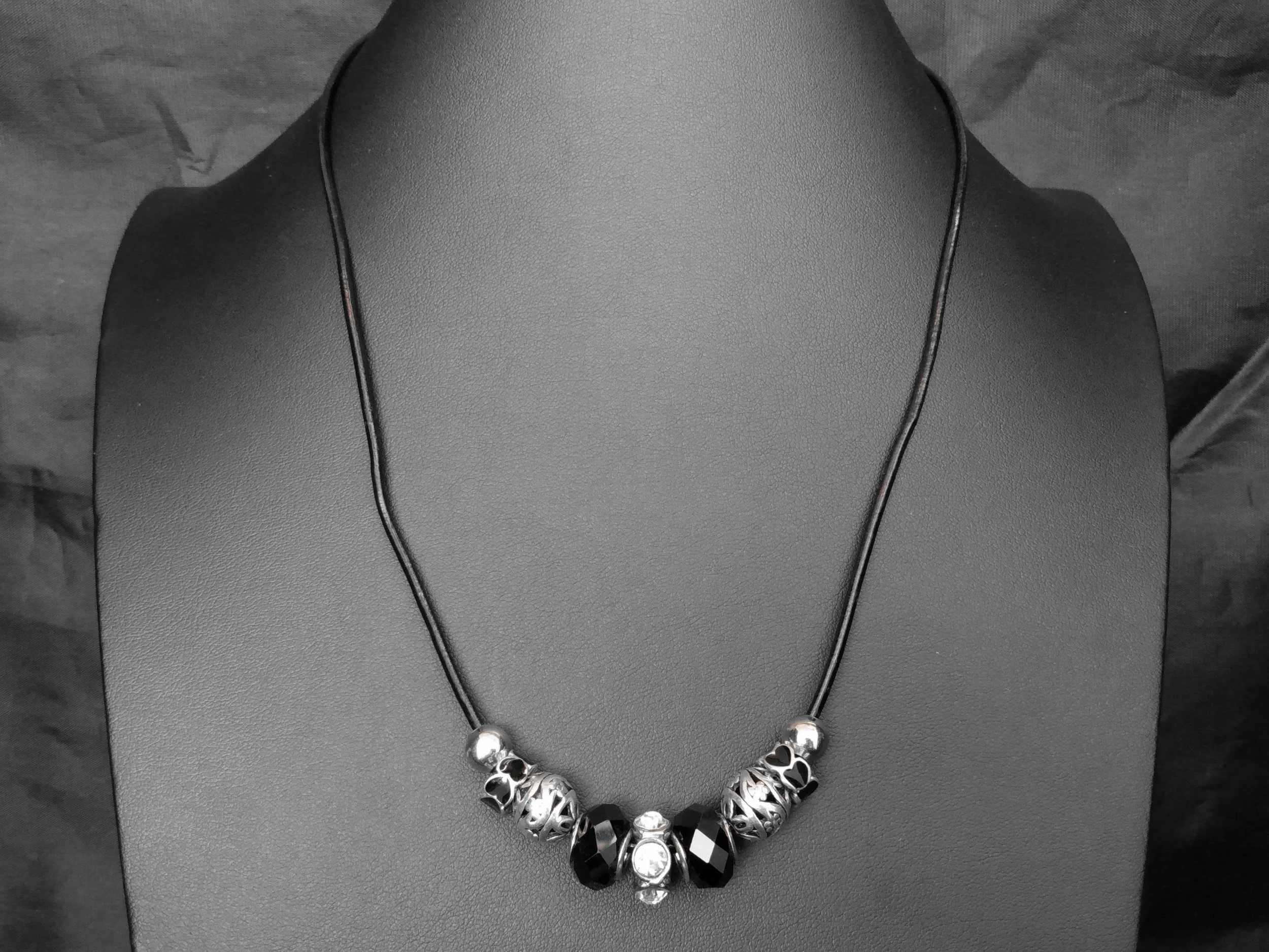 #424 Black and Silver Large Hole beads on Leather