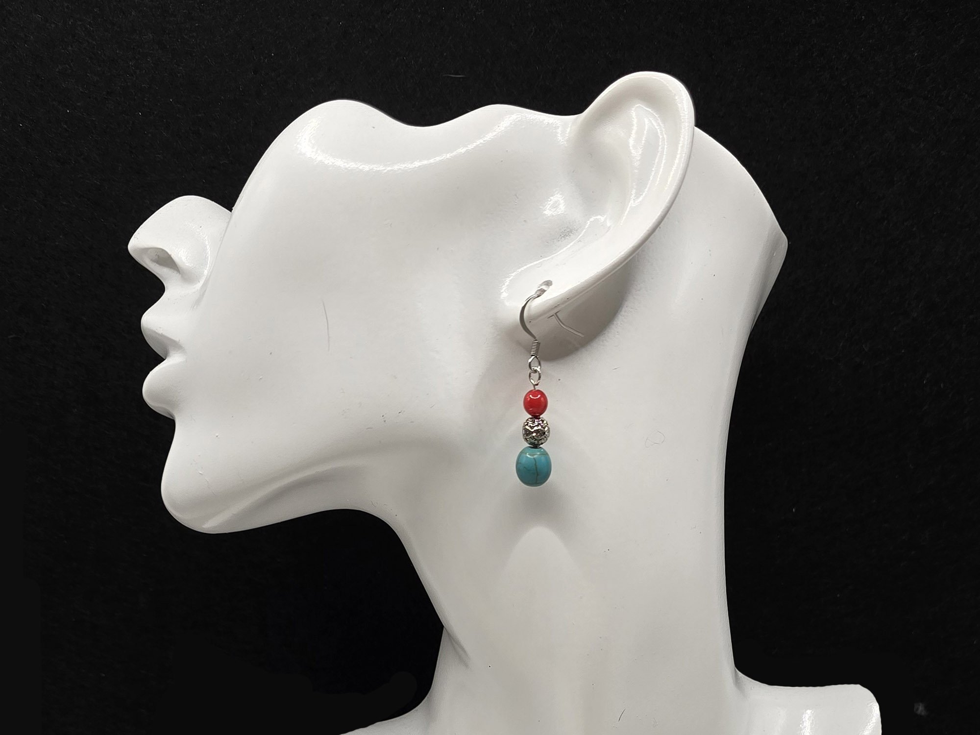 #755 Turquoise and Red Coral Dangles