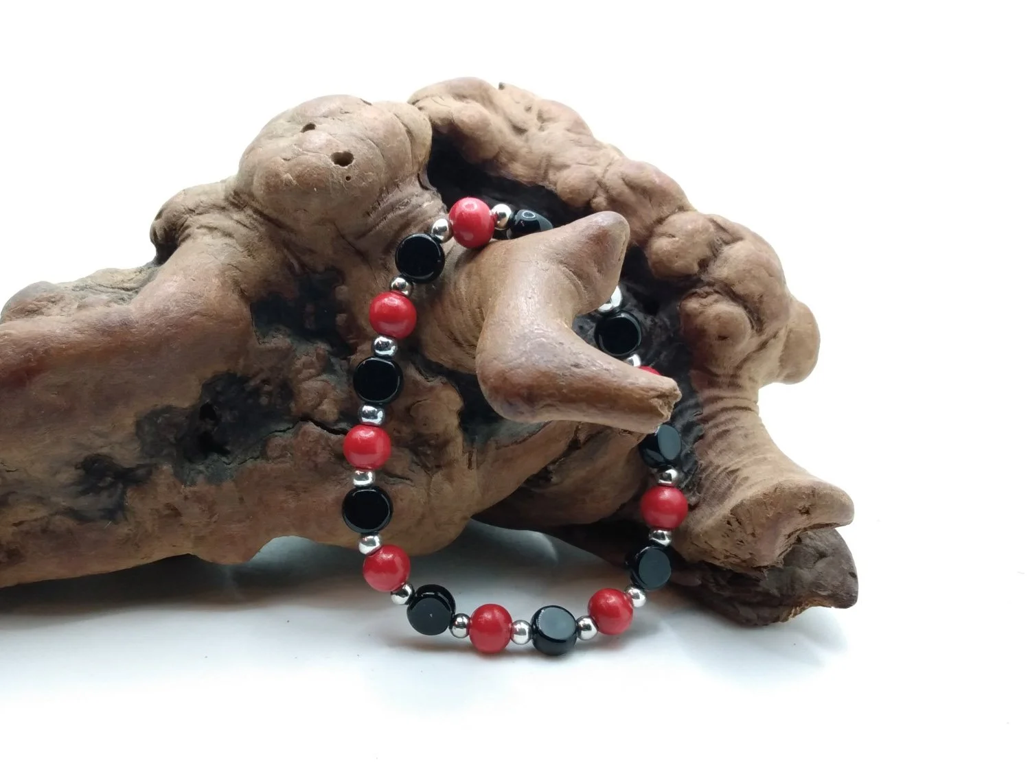 Black Glass Coins and Red Wood Rounds