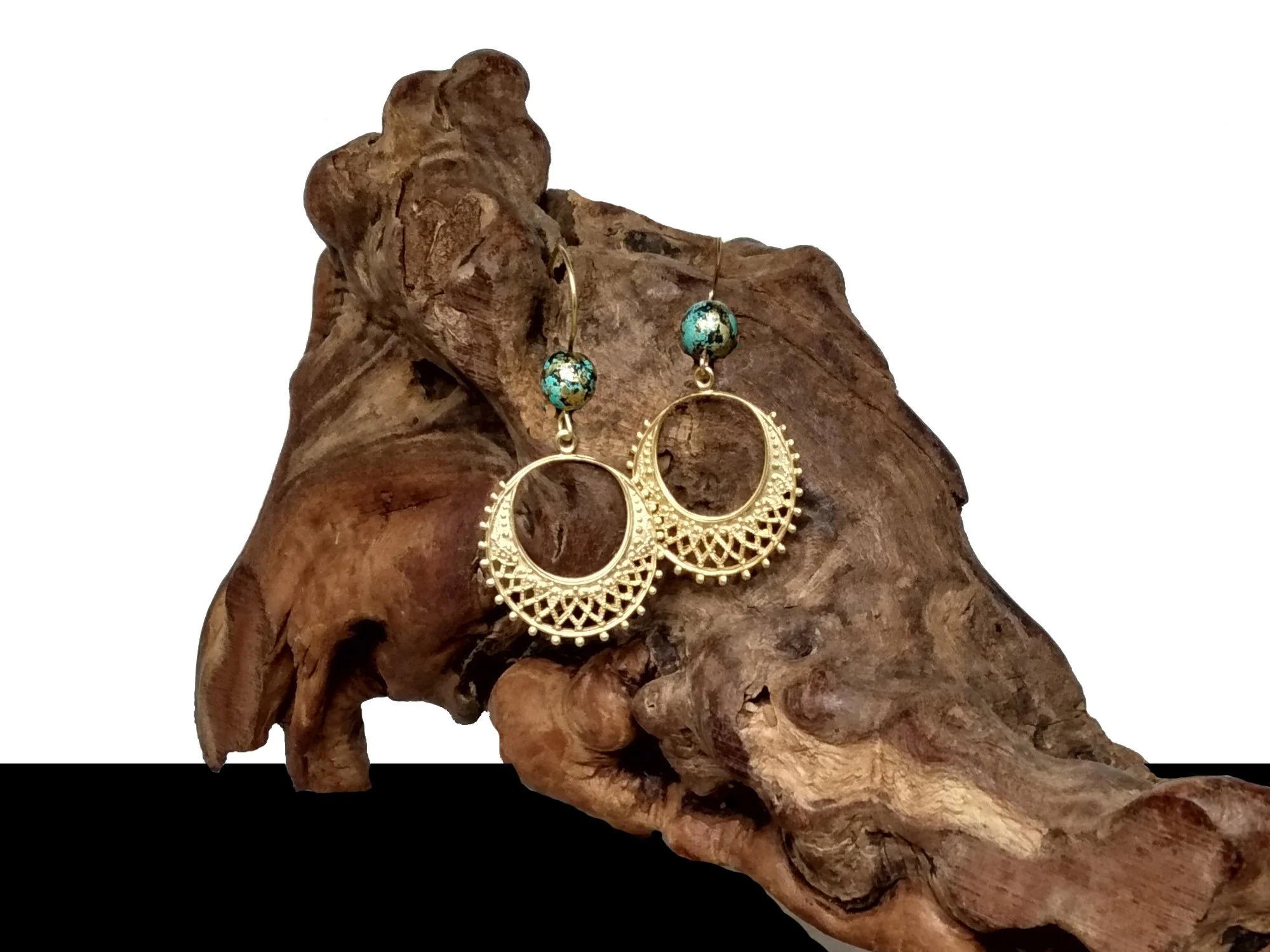 #733 Gold Basket Chandaliers and Green Stone Earrings
