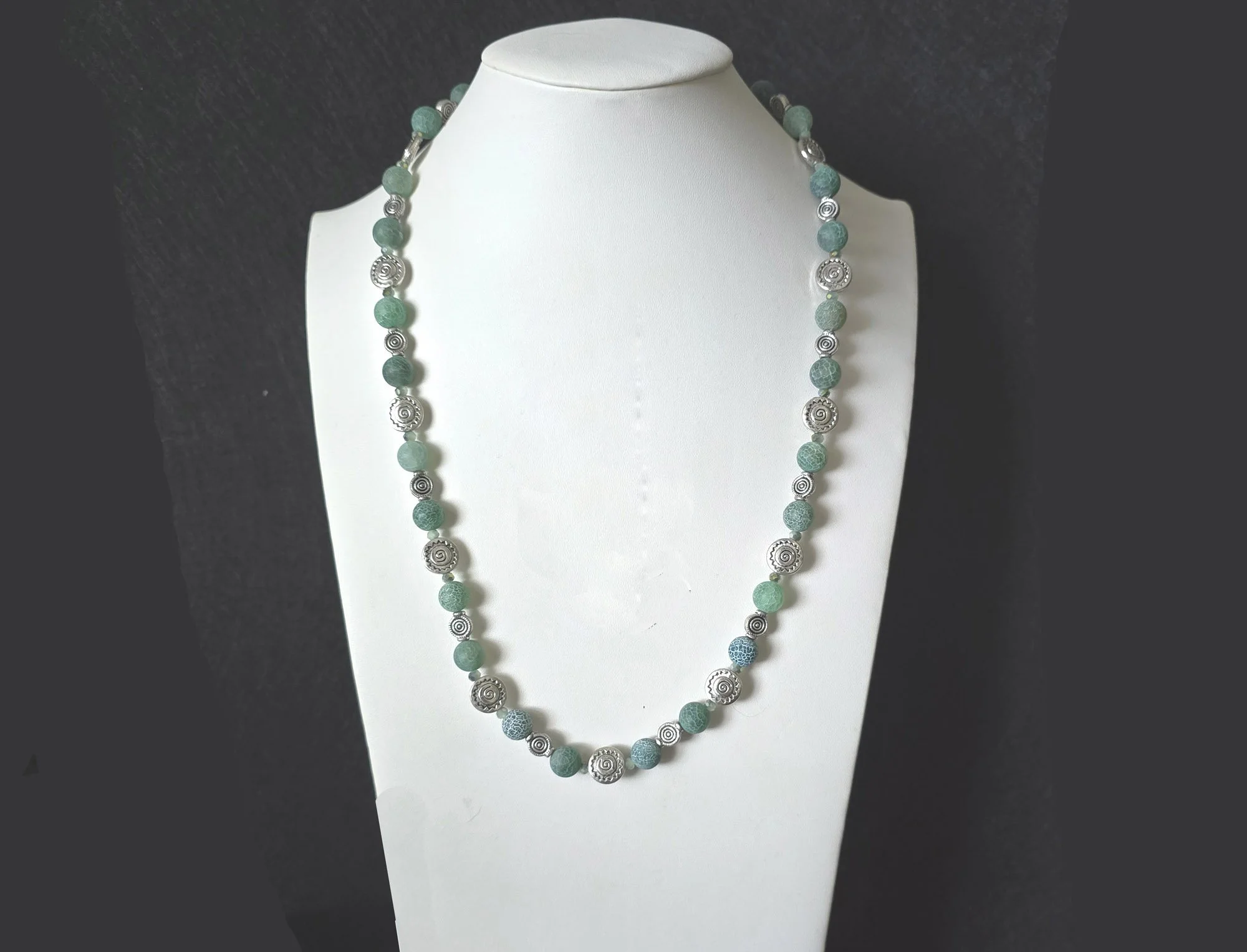 #730  Green Agate Dragon Veins and Antique Silver Lentils