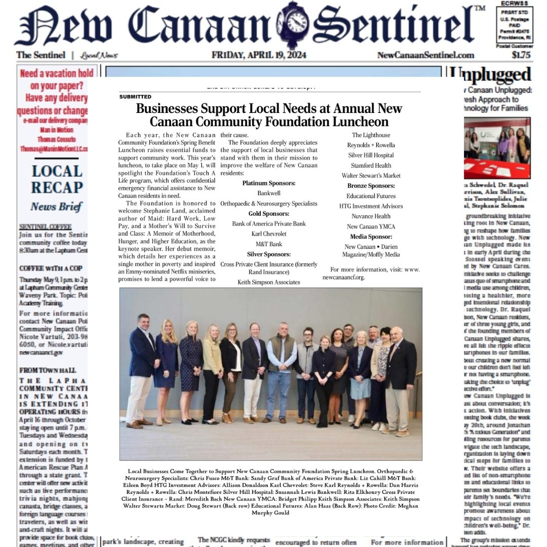 We&rsquo;re incredibly grateful to @newcanaansentinel for highlighting the amazing local businesses that are supporting local needs in our community through our Annual Luncheon benefiting NCCF's Touch A Life program providing emergency financial assi