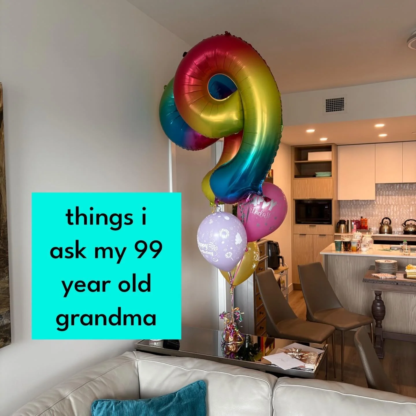 My grandma, aka Gammer, turned 99!

I asked her her beauty secret. Mary Kay hand cream and a nice perm. Same honestly.

When I asked what&rsquo;s new she told me everything is kind of old. She&rsquo;s not wrong.

Being a therapist has taught me to lo