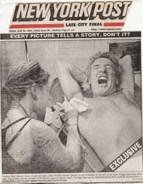 A vintage New York Post cover showing Rod Stewart , a man getting a tattoo on their armpit, expressing discomfort. The headline reads: 'EVERY PICTURE TELLS A STORY, DON'T IT?' with the word 'EXCLUSIVE' at the bottom right.