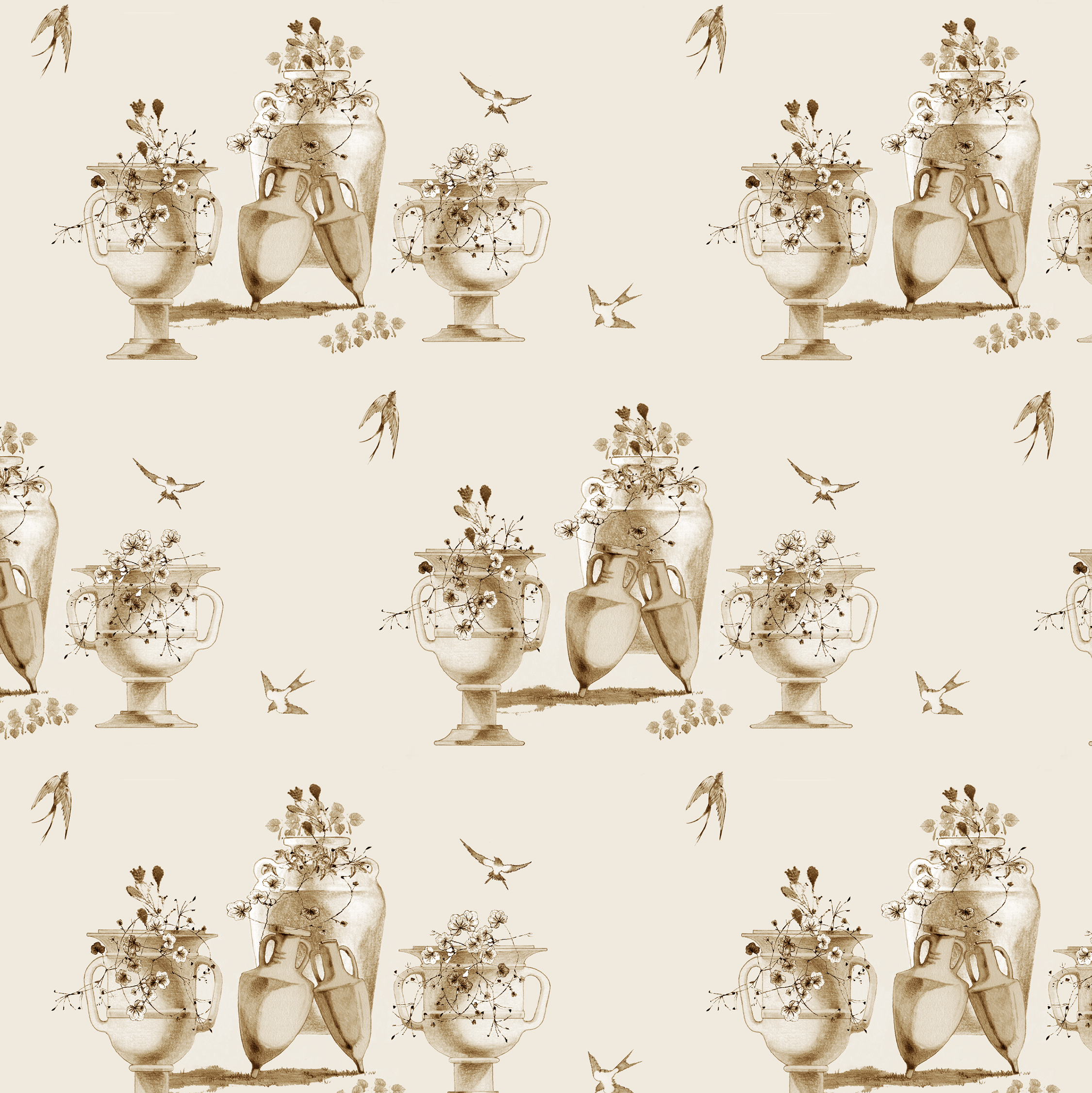 Pots & Swallows (4 colors) fabric and wallpaper