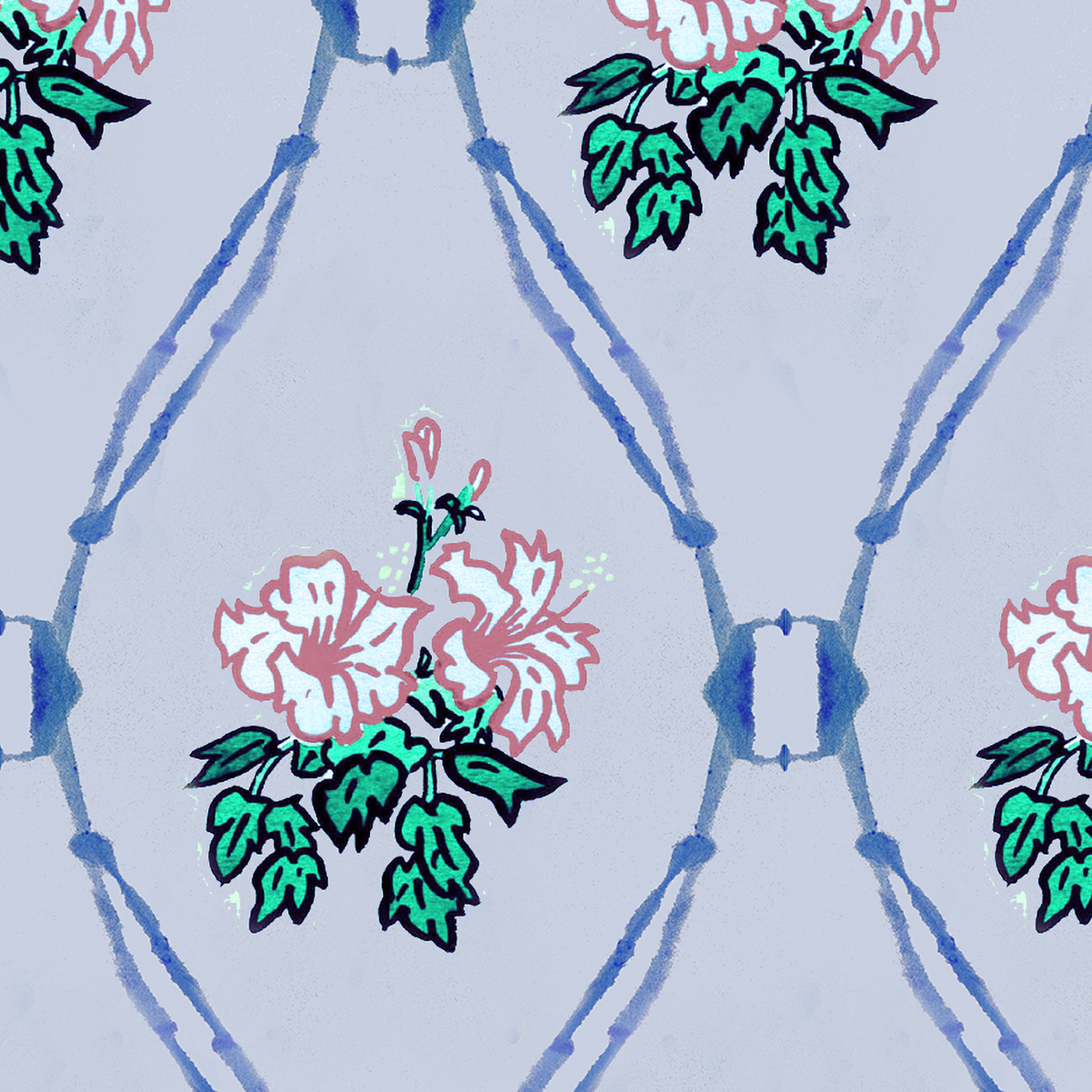 Hibiscus Columns in Periwinkle Fabric and Wallpaper