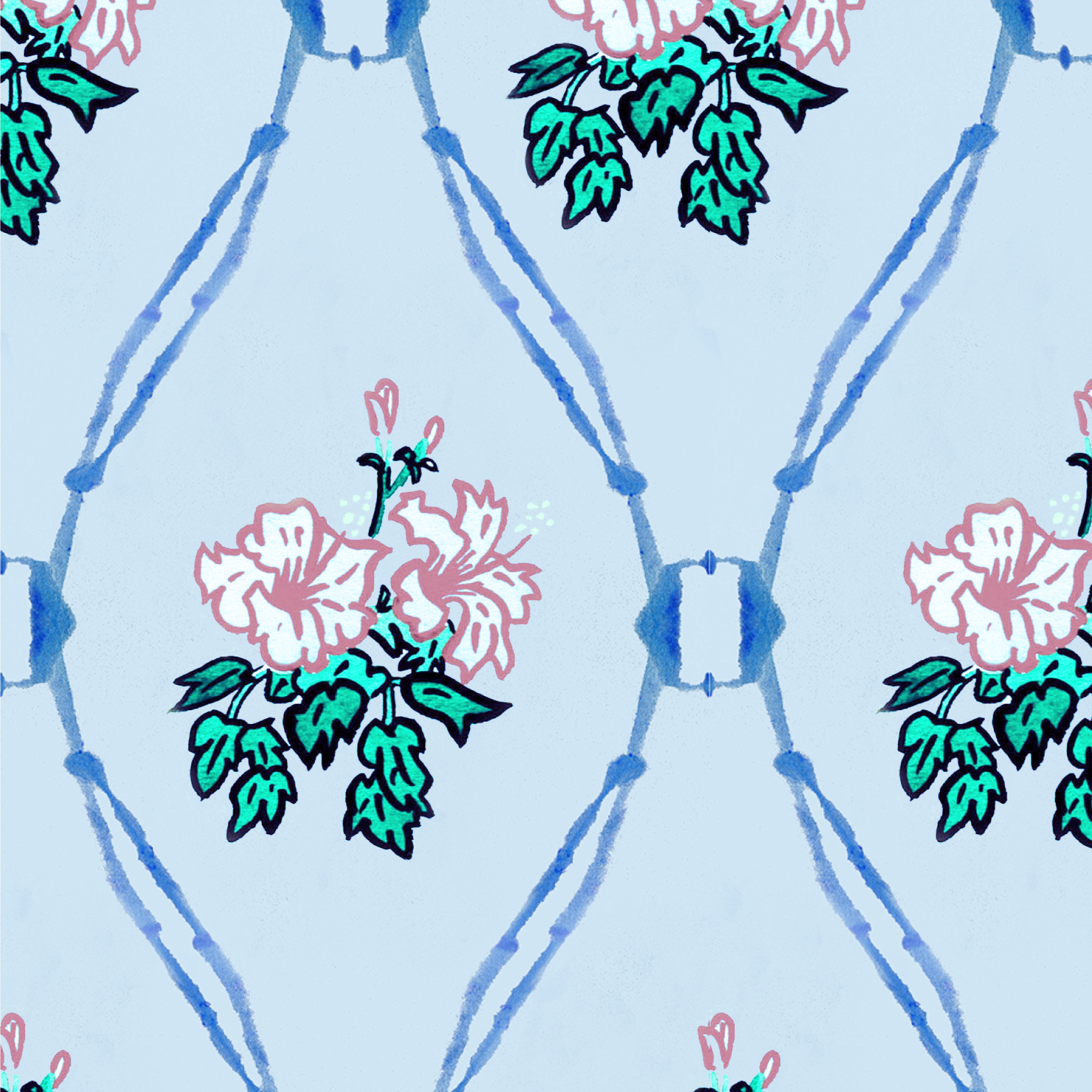Hibiscus Columns (3 colors) Fabric and Wallpaper