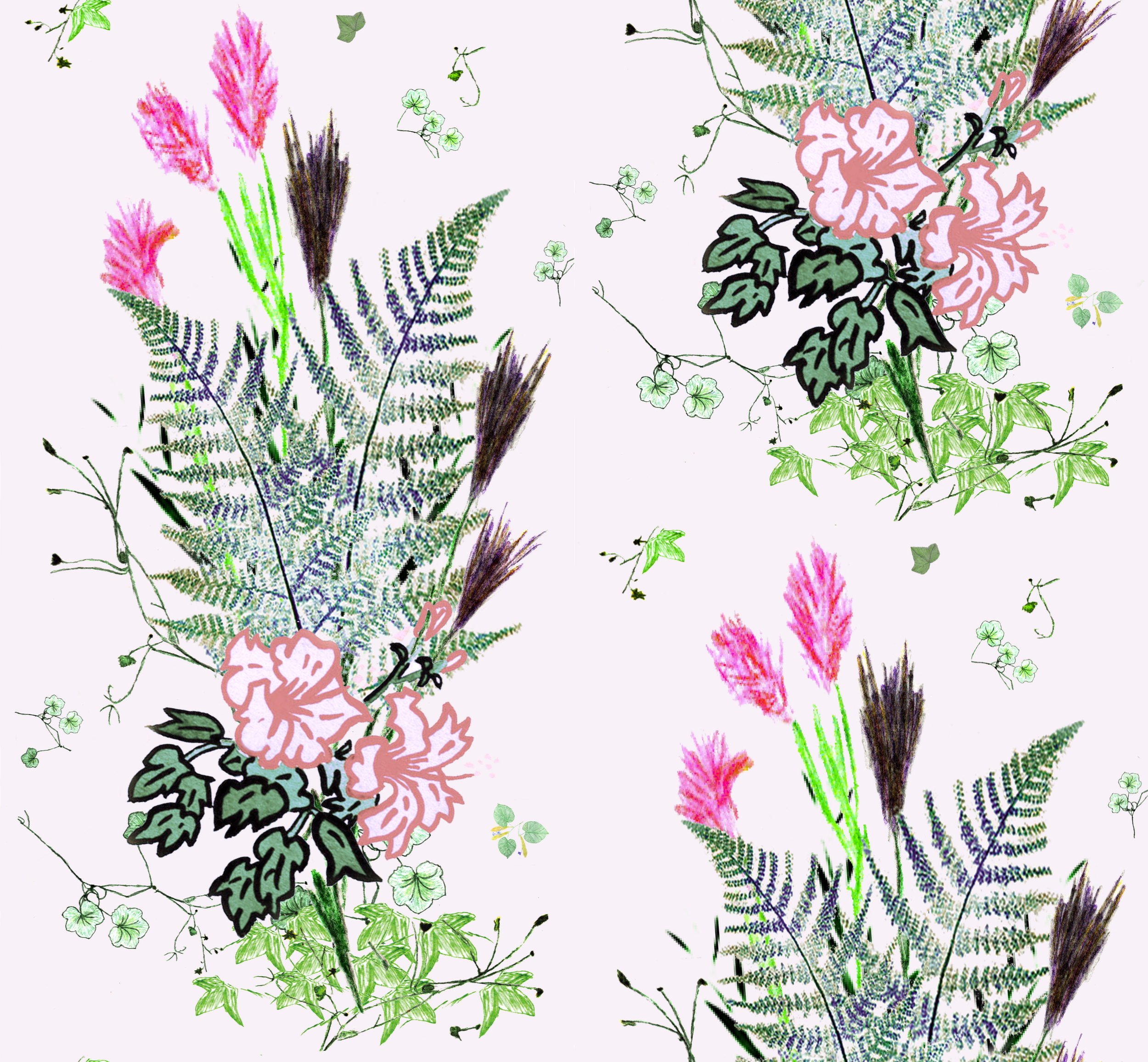 Botanical with Ferns and Hibiscus (3 colors) wallpaper and fabric