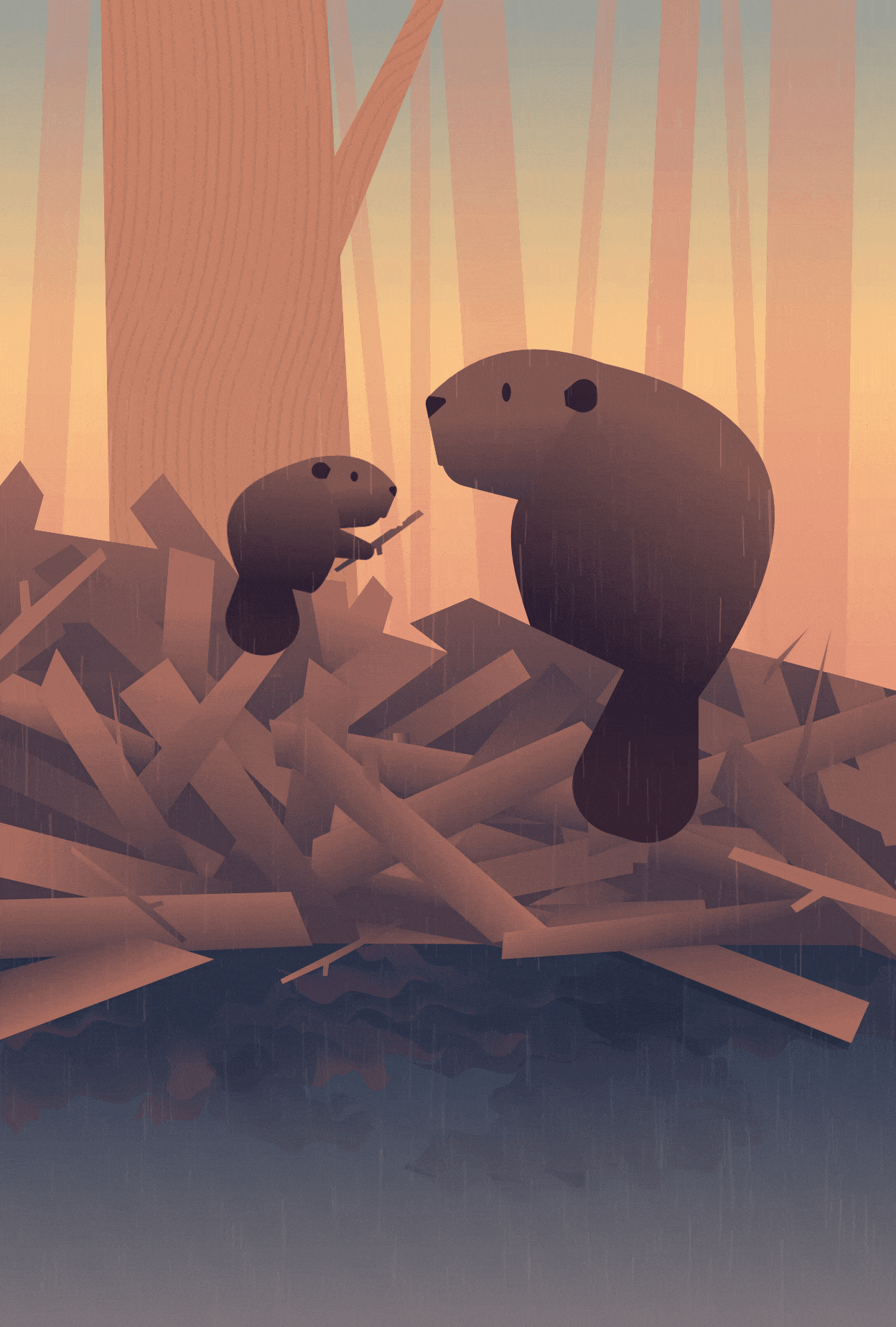 Animated postcard featuring adorable Beavers sitting on their dam along the picturesque Rappahannock River, promoting the beauty of wildlife and supporting a local nonprofit for river conservation. Illustrated & Animated by Kassandra Escoe