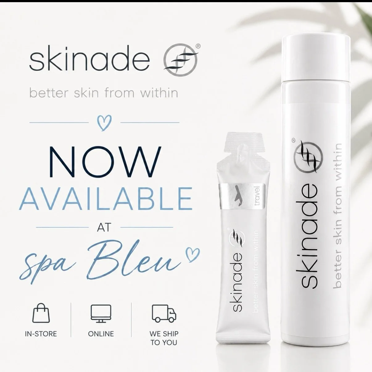 ✨ We&rsquo;re Officially a Skinade Partner! ✨

Glow from the inside out 💙 We&rsquo;re so excited to now offer  Skinade⁠￼ &mdash; the award-winning collagen drink designed to support your skin from within.

Think of it as your daily beauty supplement
