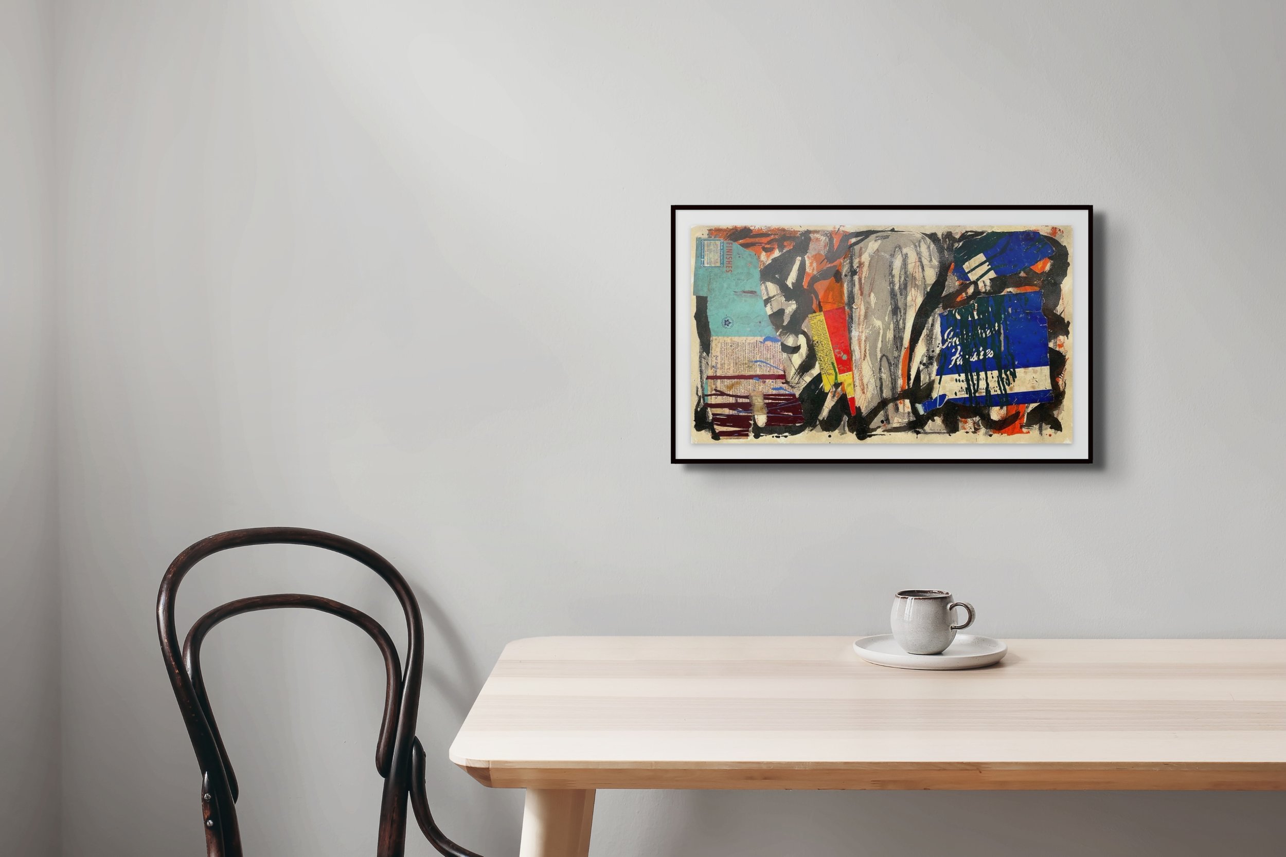 Mock up: Bryan Ryley, SWANSONG, 2020, Collage, ink, gouache, charcoal, damar on 250 lbs D’Arches rag paper, Unframed: 14 × 25 in on 22 × 30 in 250 lbs D’Arches rag paper