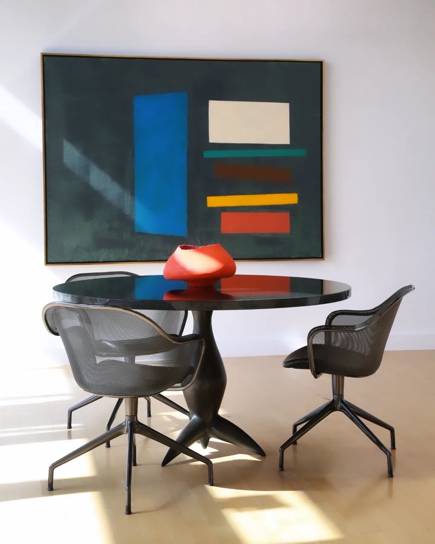 EXHIBITION 004: Center gallery snapshots.
Featuring, Alexander Caldwell's one off solid bronze table with black granite top, Antonio Citterio's Iuta chairs for B&amp;B Italia, Phil Darrah's &quot;Outside In&quot; acrylic geometric abstraction and Din