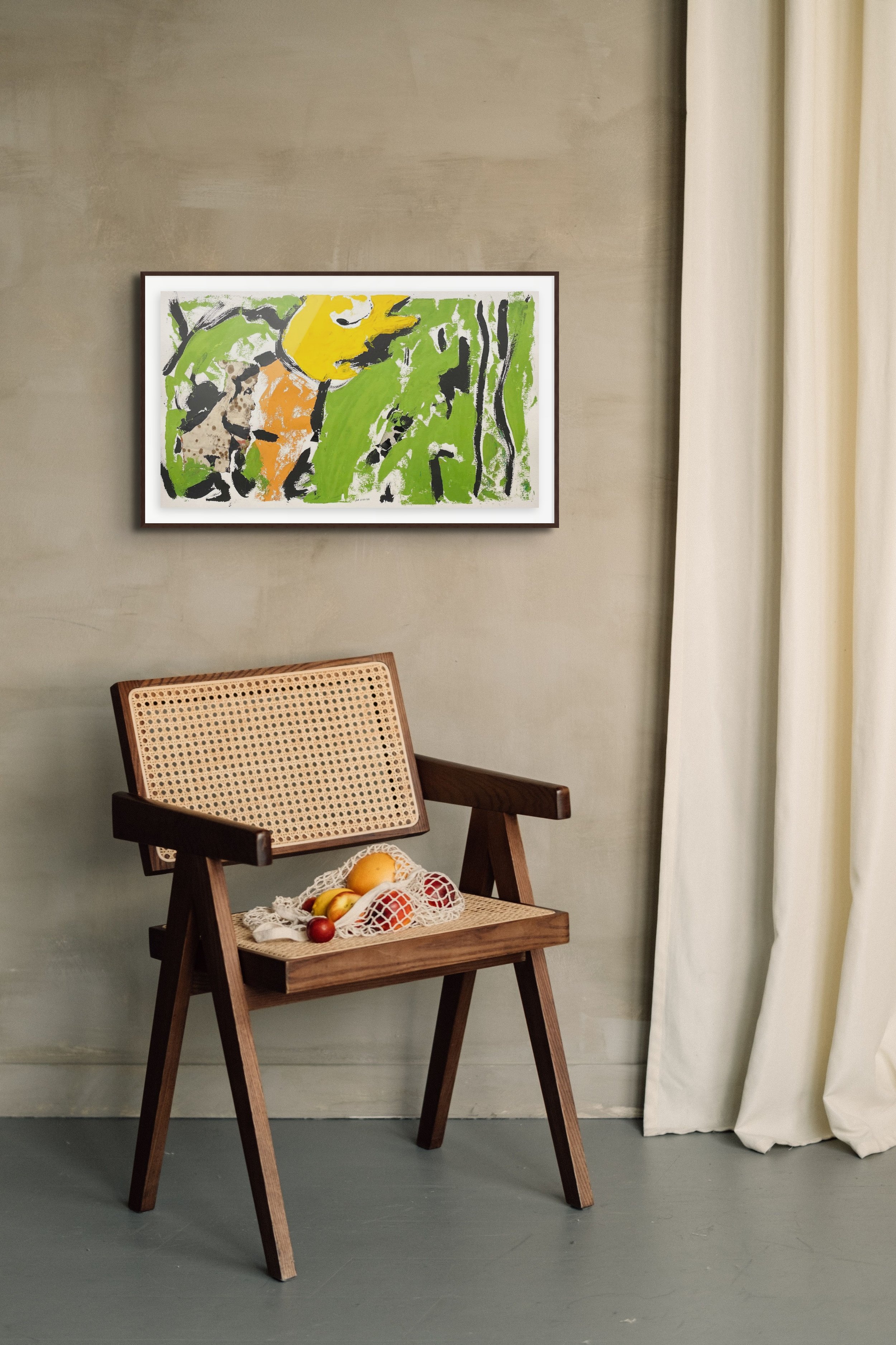 Mock up: Bryan Ryley, ADDRESSING MR. GRASSHOPPER, 2020, Collage, ink, gouache on 250 lb D’Arches rag paper, Unframed: 14 × 25 in on 22 × 30 in Arches paper