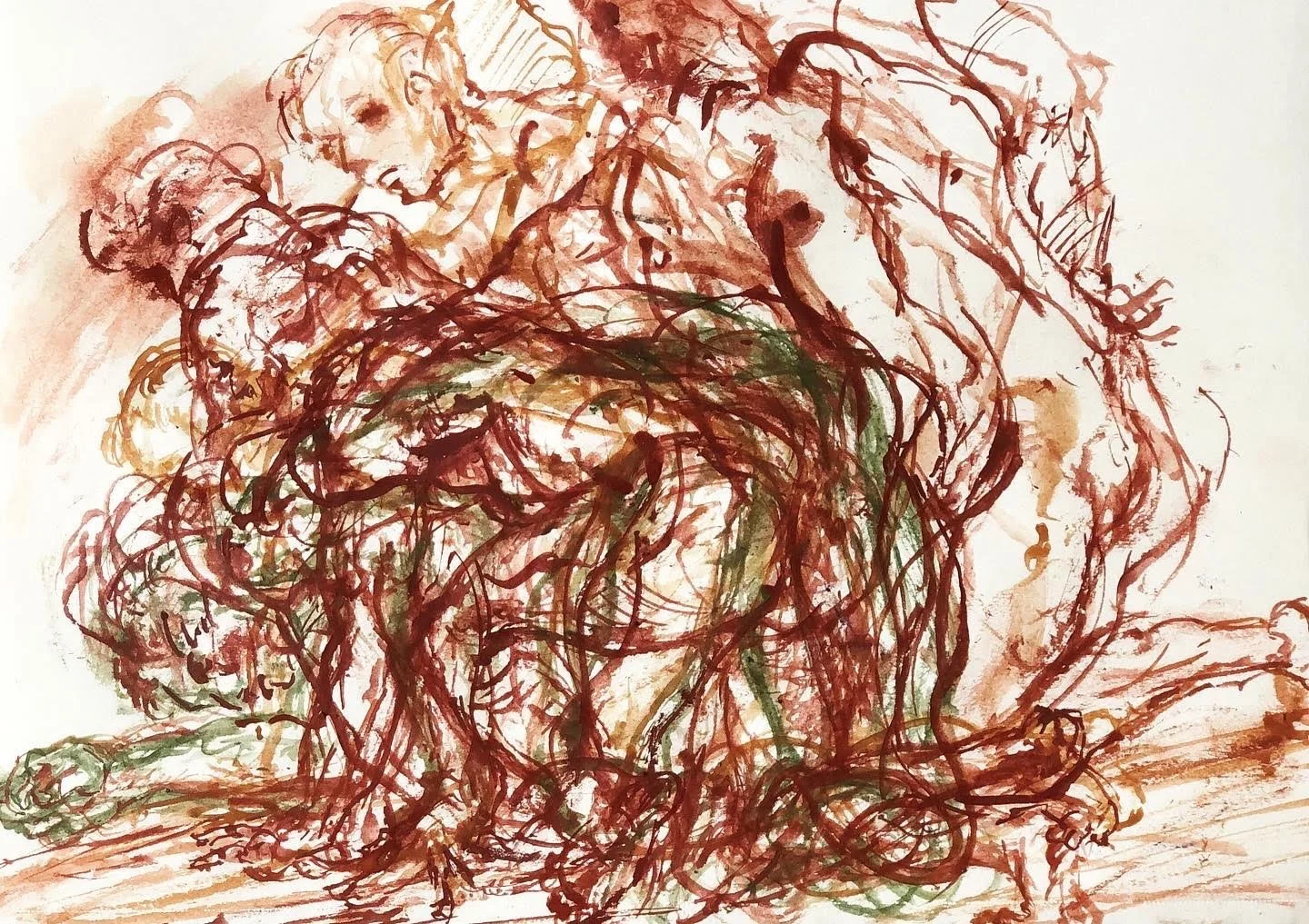 An abstract sketch of a group of people. The drawing uses brown, red, and green lines, with expressive, loose strokes to depict human figures in various poses.