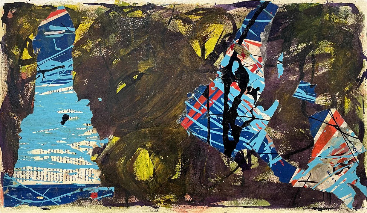 Bryan Ryley, WORLD WATCH, 2020, Collage, ink, gouache, charcoal, damar on 250 lb D’Arches rag paper, Unframed: 14 × 25 in on 22 × 30 in 250 lb D’Arches rag paper