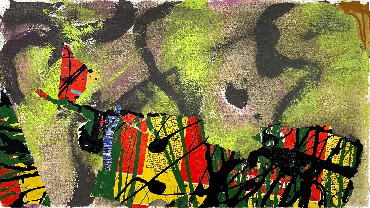 Bryan Ryley, ADJUSTMENTS, 2020, Collage, ink, Gouache on 250 lb D’Arches rag paper, Unframed: 14 × 25 in on 22 × 30 in Arches paper
